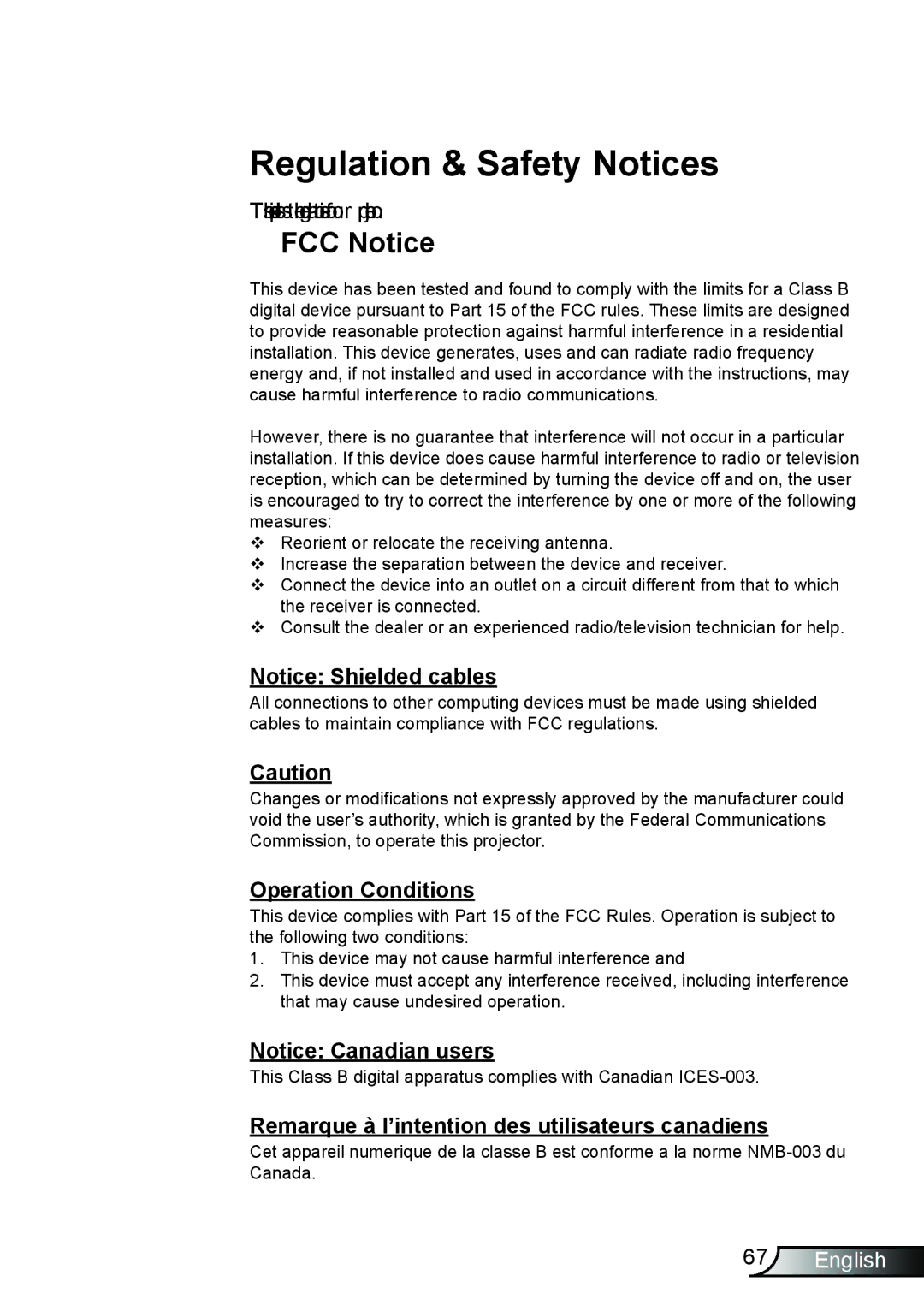 Optoma Technology HD25LV manual Regulation & Safety Notices, FCC Notice, Operation Conditions 