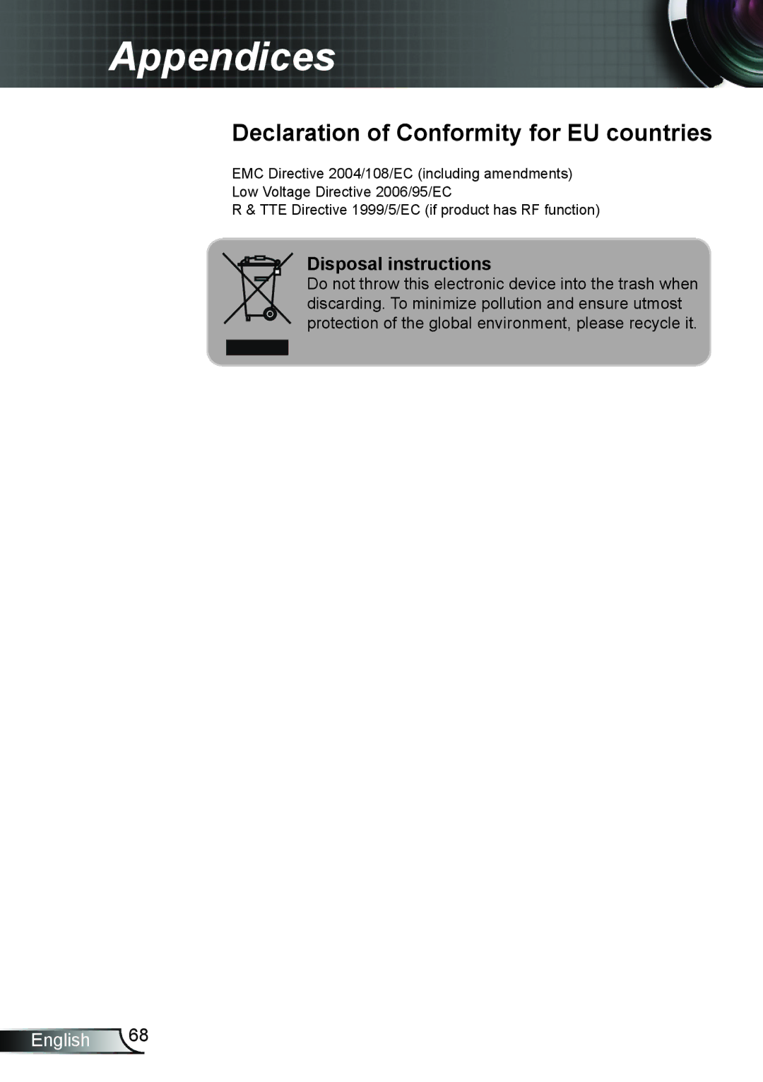 Optoma Technology HD25LV manual Declaration of Conformity for EU countries, Disposal instructions 