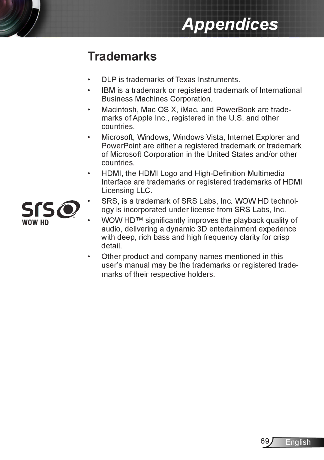 Optoma Technology HD25LV manual Trademarks 