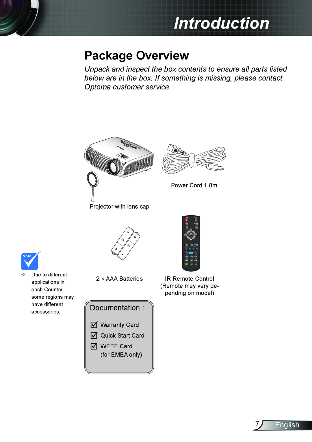 Optoma Technology HD25LV manual Package Overview, Documentation 