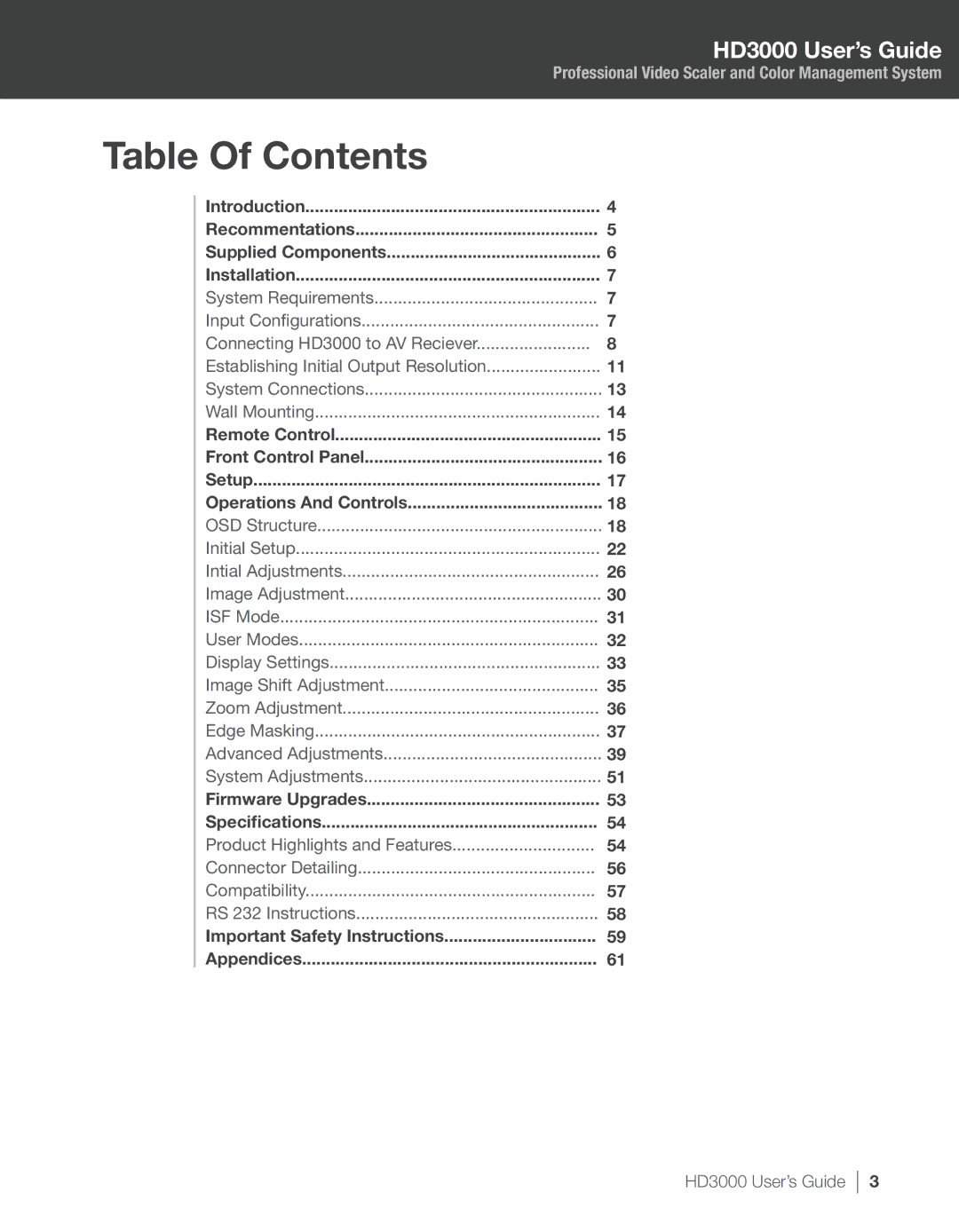 Optoma Technology HD3000 manual Table Of Contents 