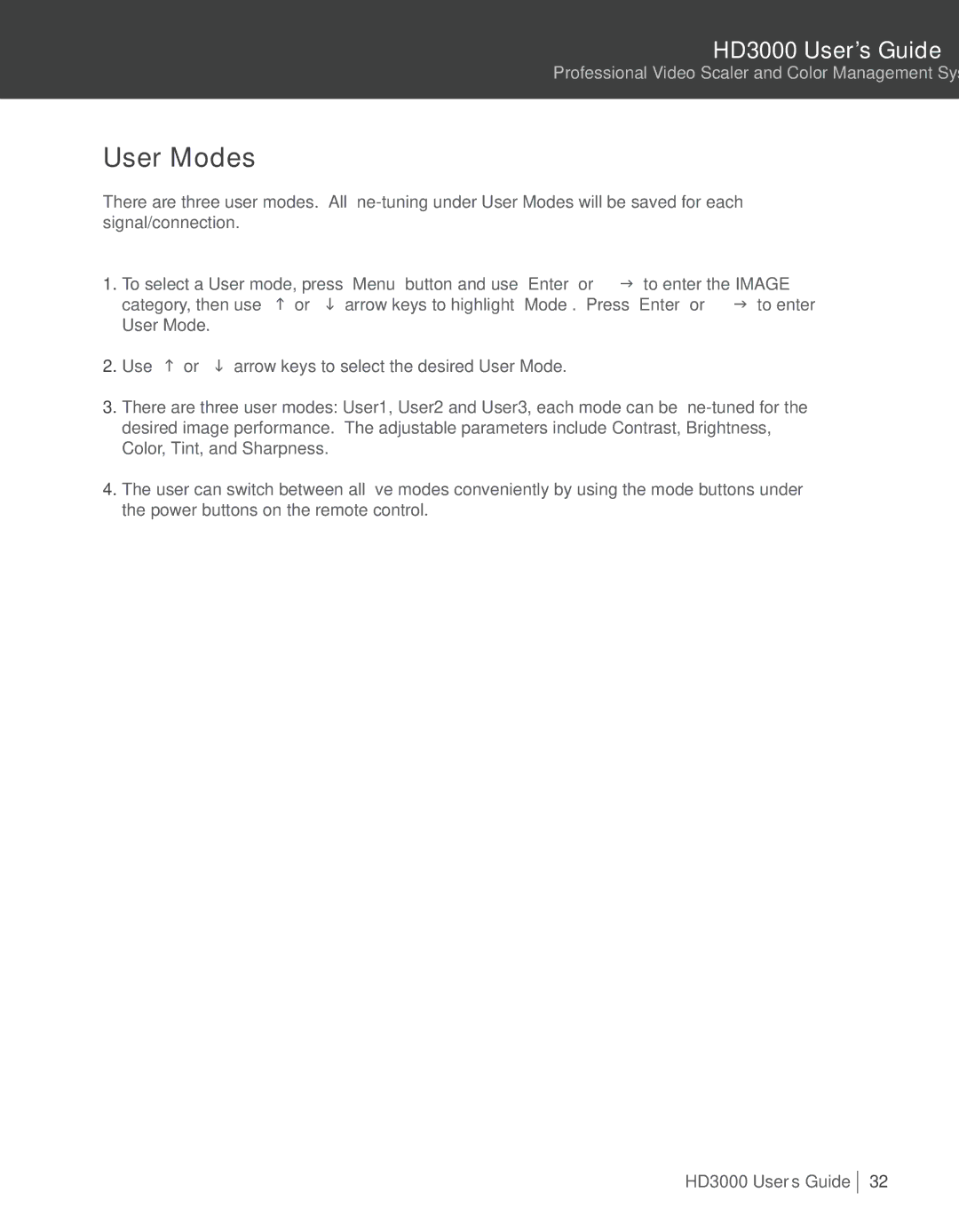 Optoma Technology HD3000 manual User Modes 