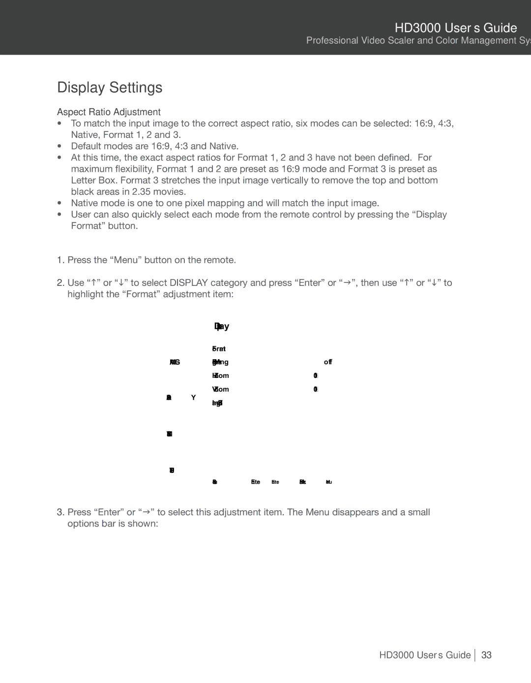 Optoma Technology HD3000 manual Display Settings, Aspect Ratio Adjustment 