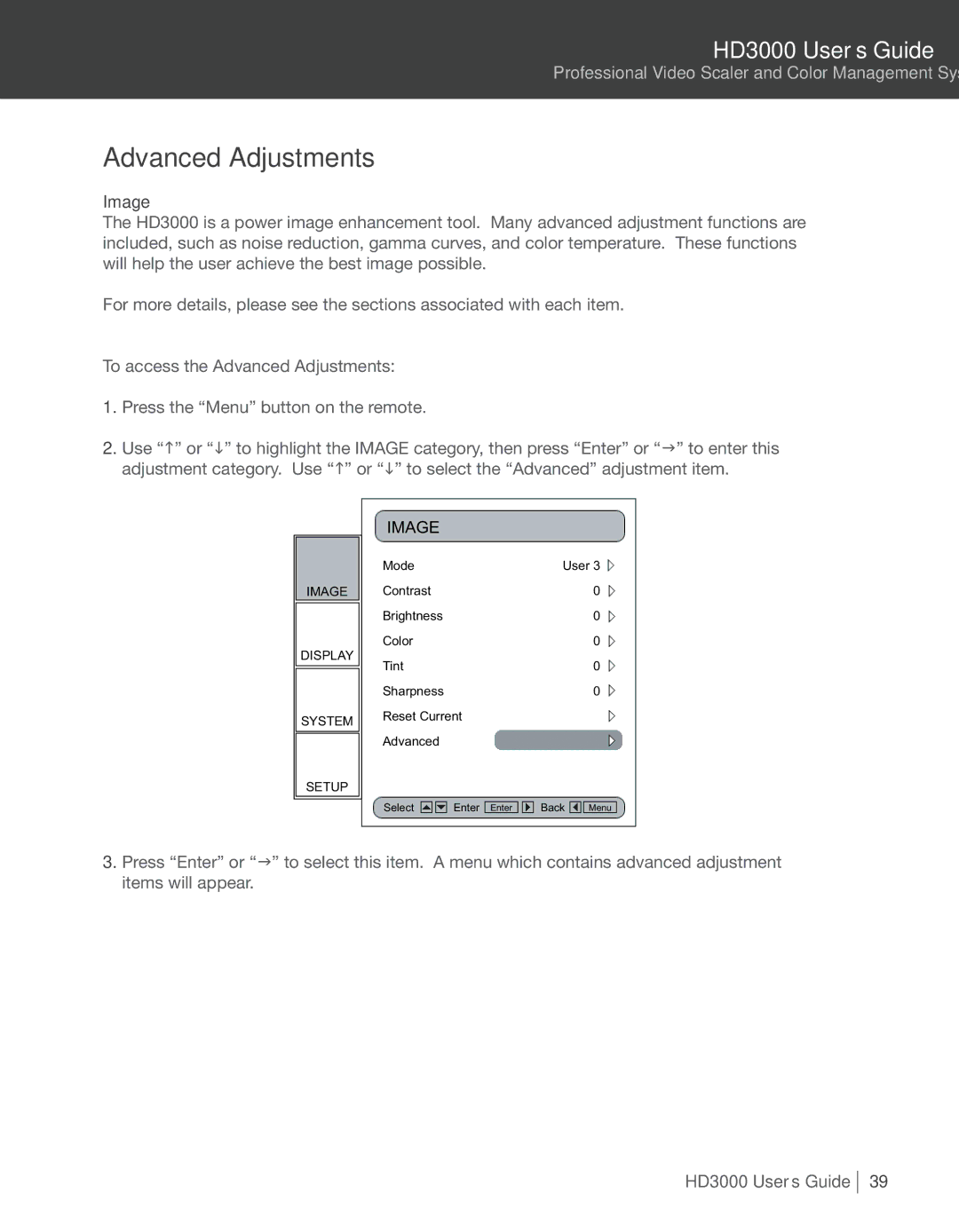 Optoma Technology HD3000 manual Advanced Adjustments, Image 