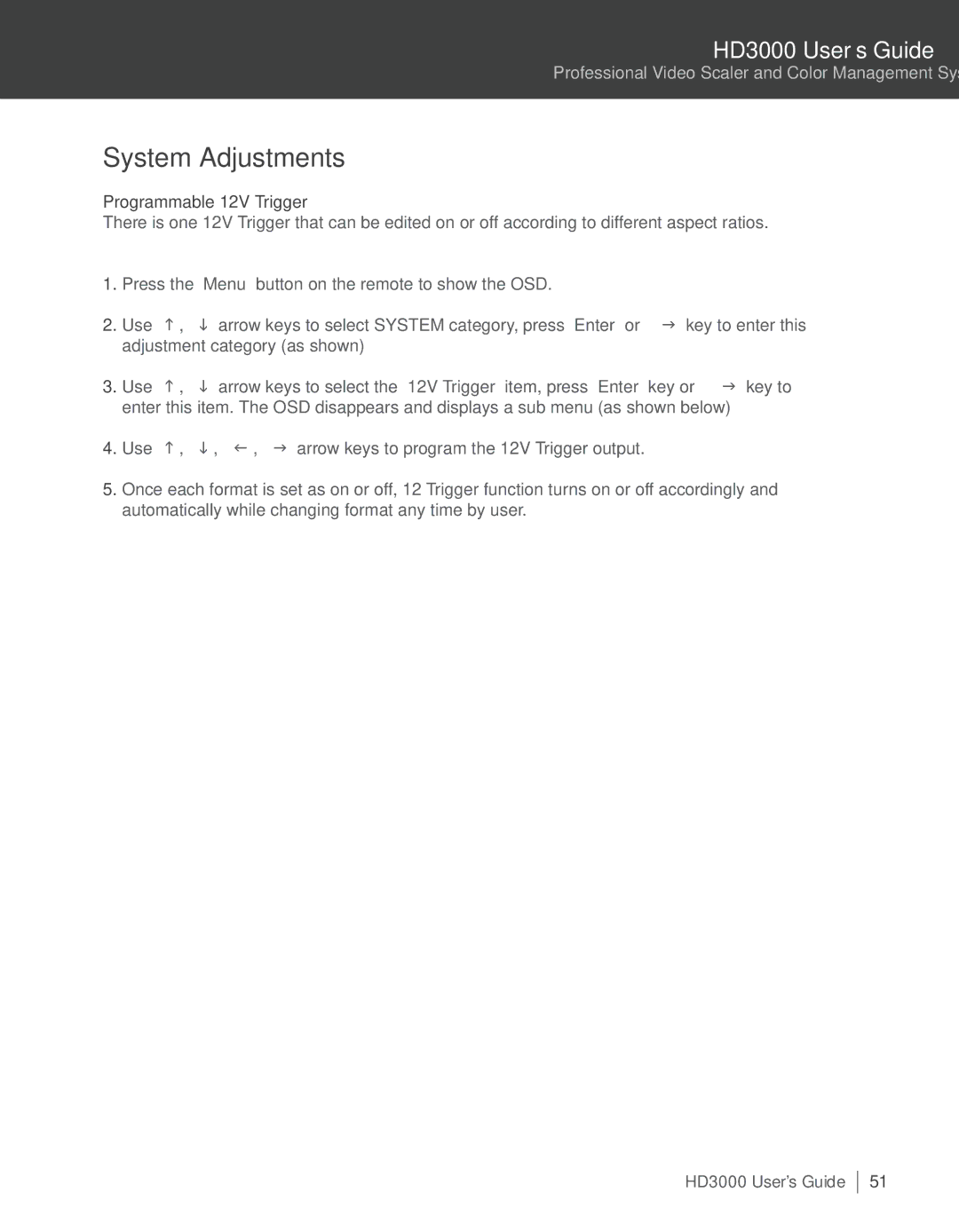 Optoma Technology HD3000 manual System Adjustments, Programmable 12V Trigger 