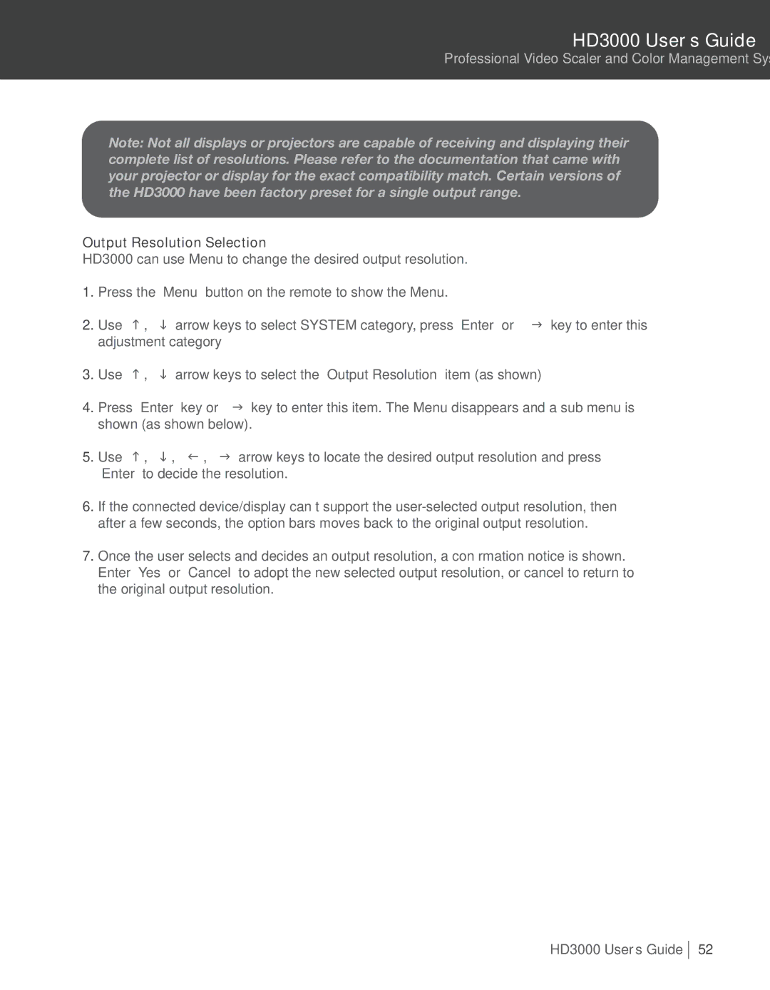 Optoma Technology HD3000 manual Output Resolution Selection 