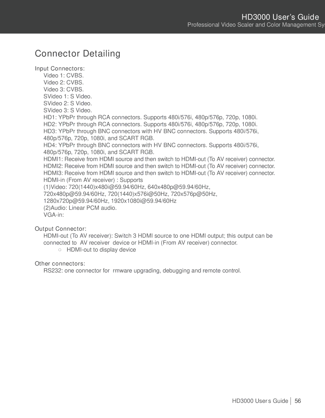 Optoma Technology HD3000 manual Connector Detailing, Input Connectors, Output Connector, Other connectors 