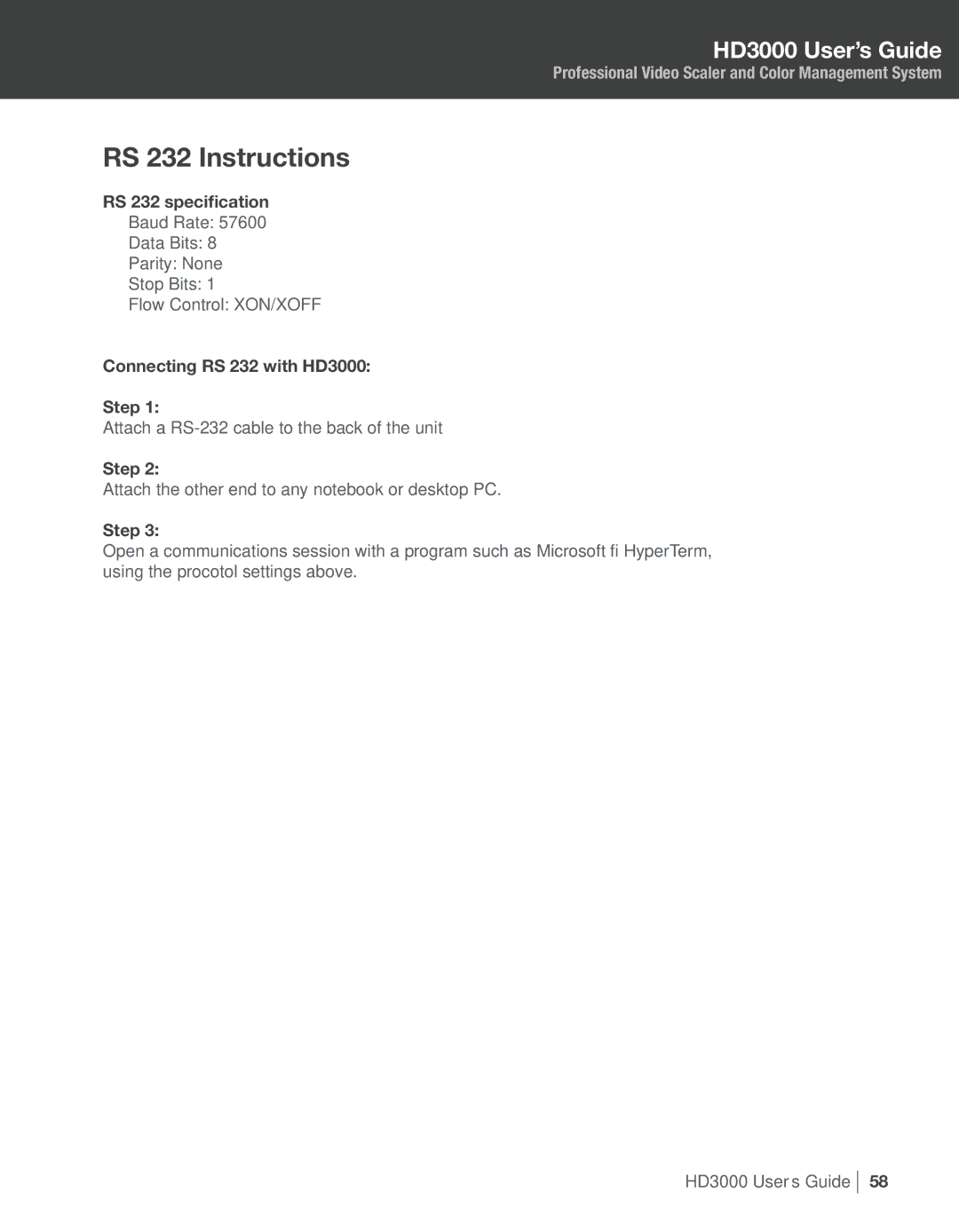 Optoma Technology manual RS 232 Instructions, RS 232 specification, Connecting RS 232 with HD3000 Step 