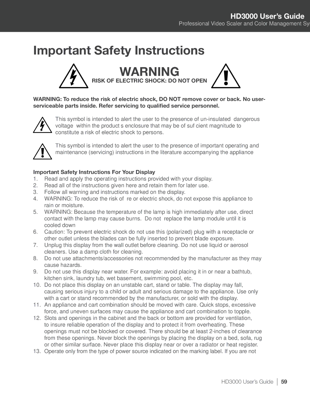 Optoma Technology HD3000 manual Important Safety Instructions For Your Display 