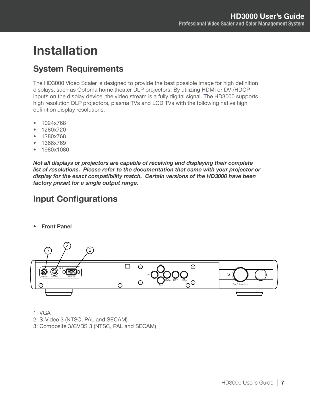 Optoma Technology HD3000 manual Installation, System Requirements, Input Configurations, Front Panel 