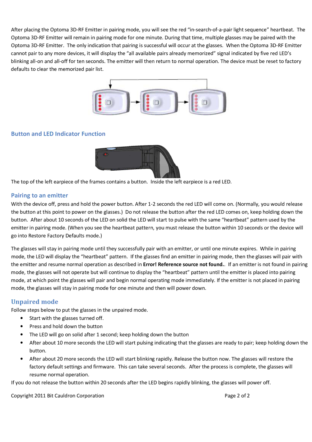 Optoma Technology GT750, HD33, HD83 manual Button and LED Indicator Function, Pairing to an emitter, Unpaired mode 