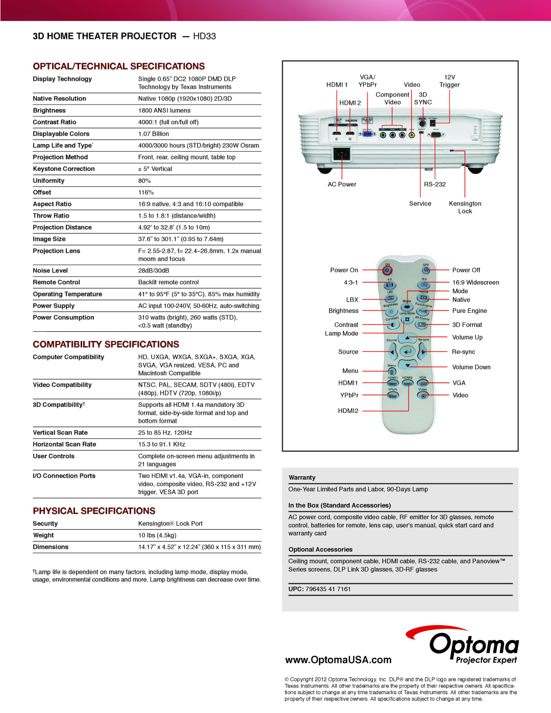 Optoma Technology HD33 manual OPTICAL/Technical Specifications, Compatibility specifications, Physical specifications 