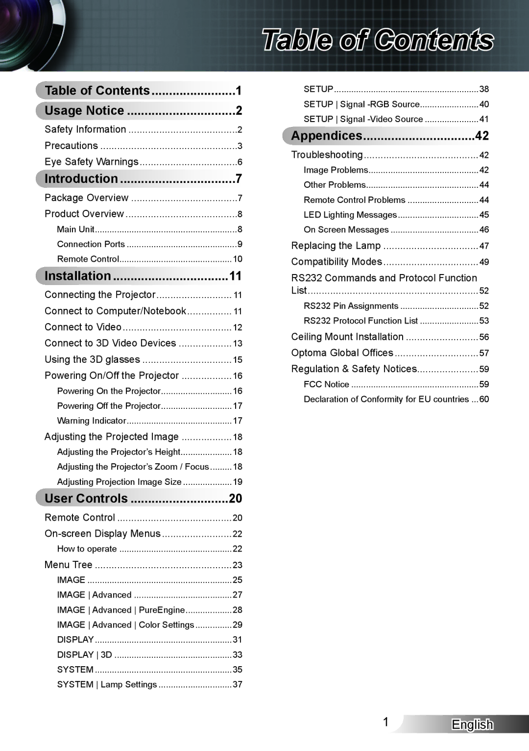 Optoma Technology HD33 manual Table of Contents 