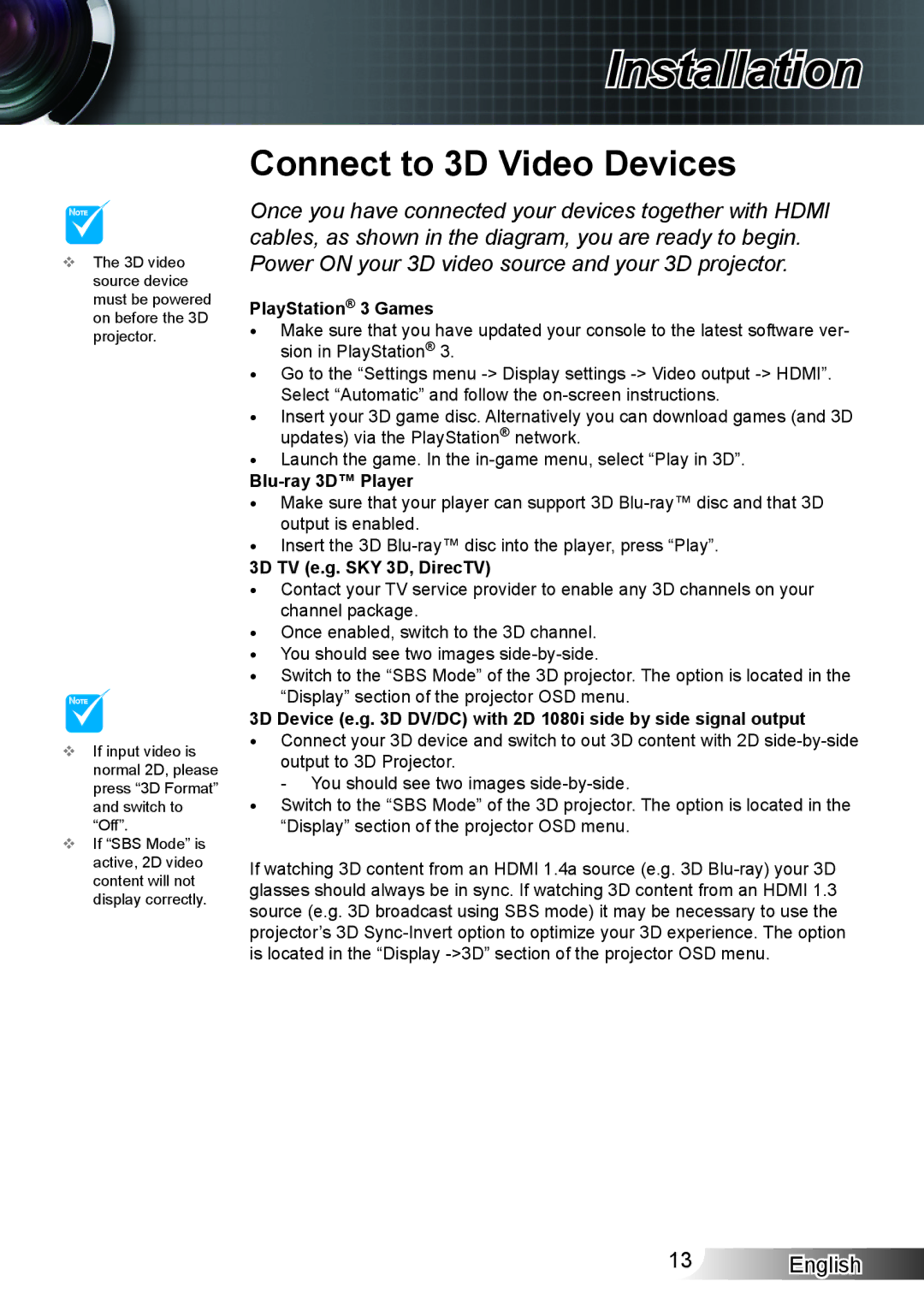 Optoma Technology HD33 manual Connect to 3D Video Devices, PlayStation 3 Games 