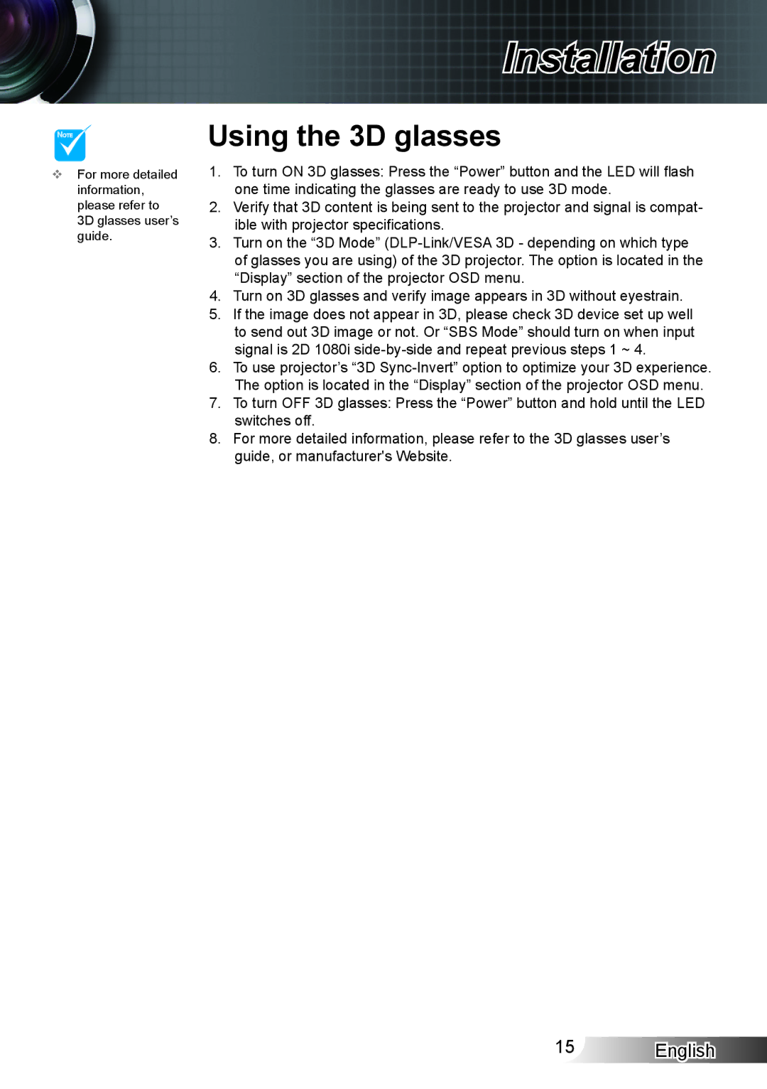 Optoma Technology HD33 manual Using the 3D glasses 