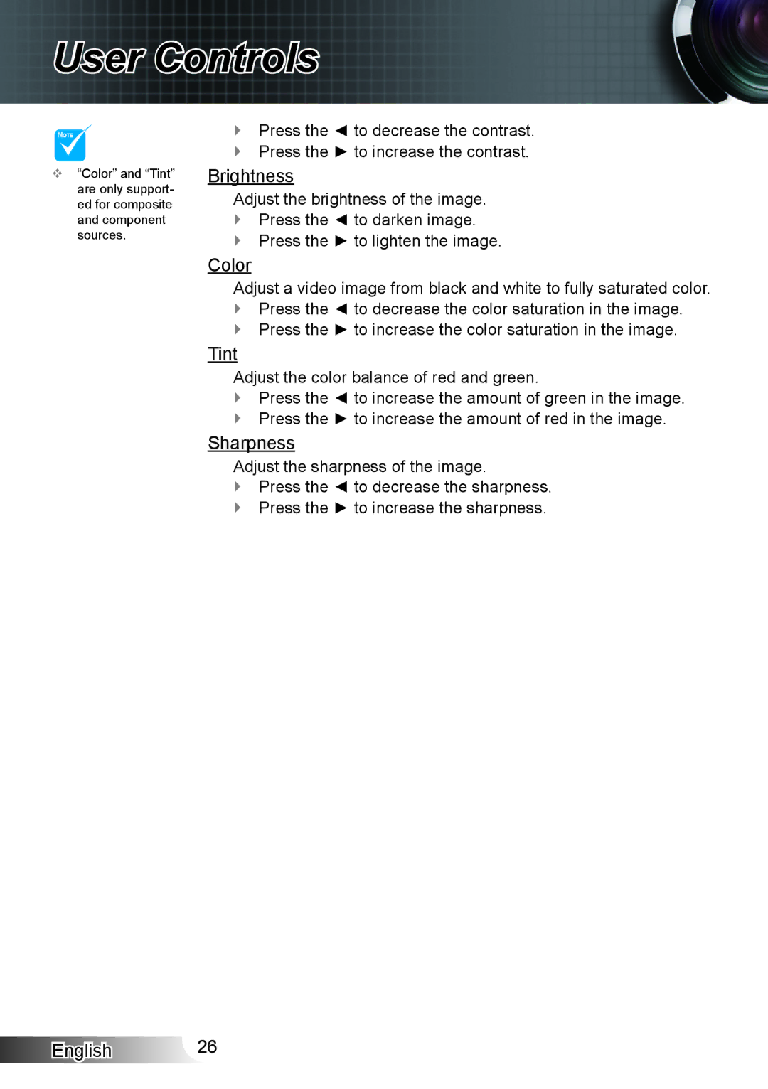 Optoma Technology HD33 manual Color, Tint, Sharpness 