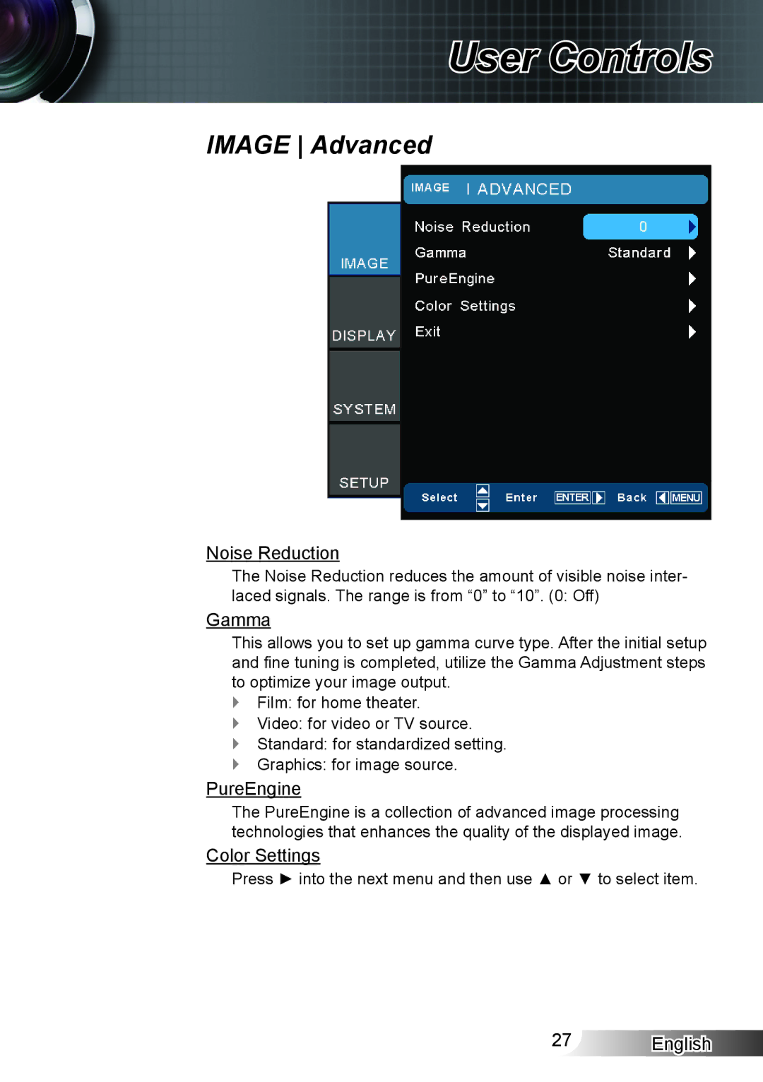 Optoma Technology HD33 manual Noise Reduction, Gamma, Color Settings 