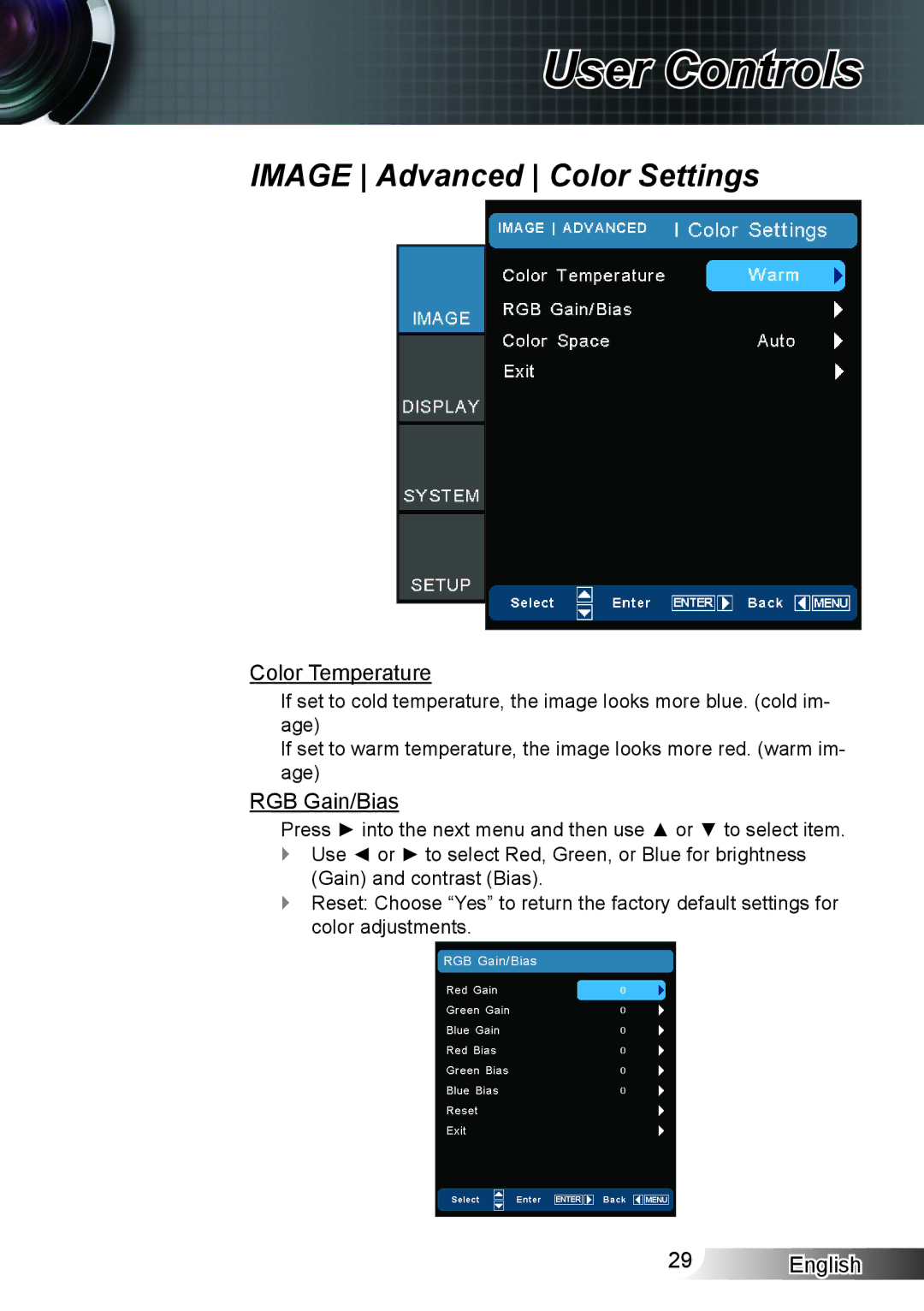 Optoma Technology HD33 manual Color Temperature, RGB Gain/Bias 