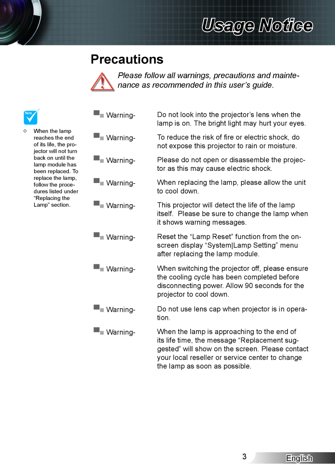 Optoma Technology HD33 manual Precautions 