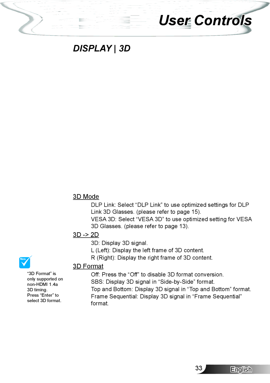 Optoma Technology HD33 manual 3D Mode, 3D 2D 