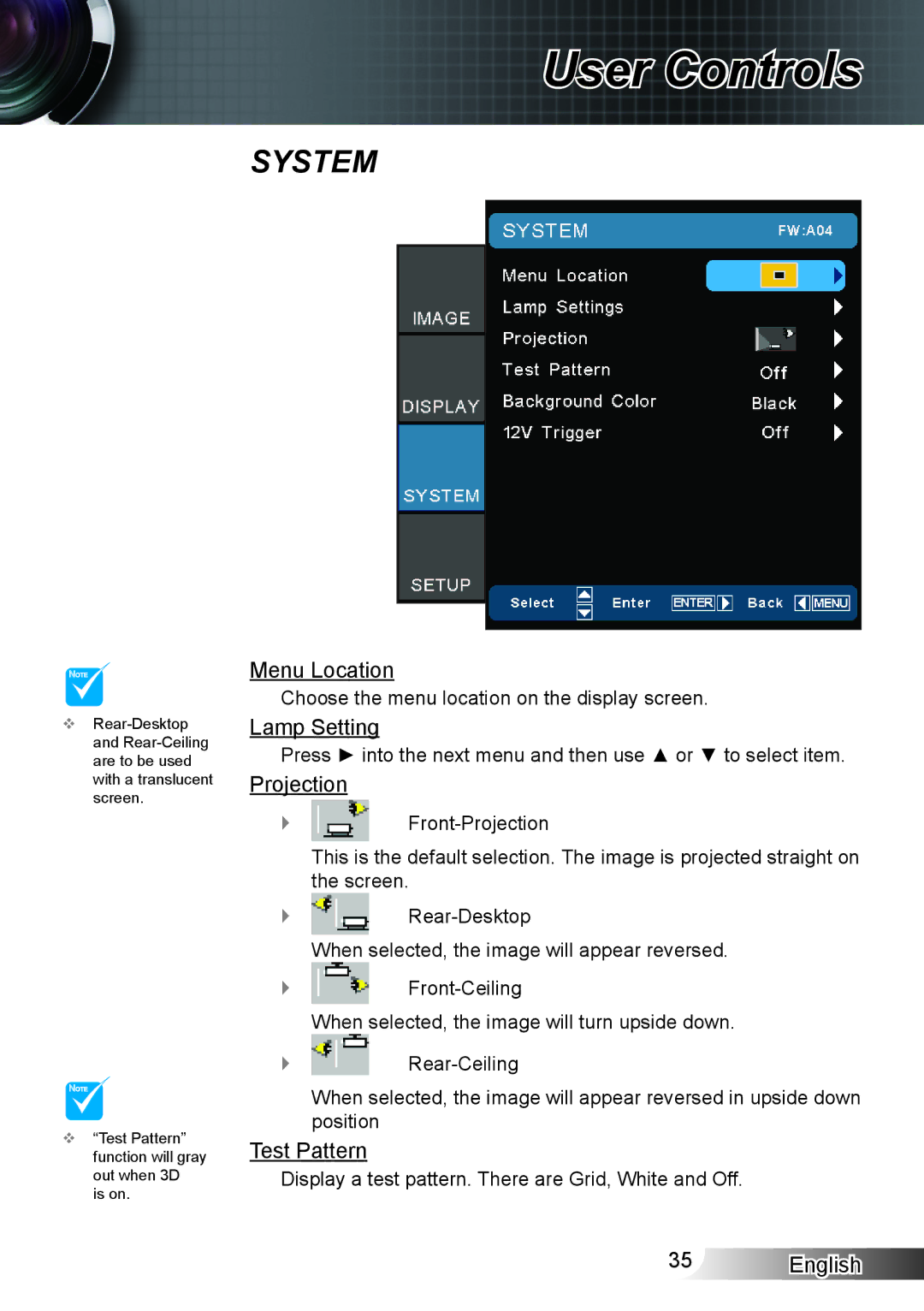 Optoma Technology HD33 manual Menu Location, Lamp Setting, Projection, Test Pattern 