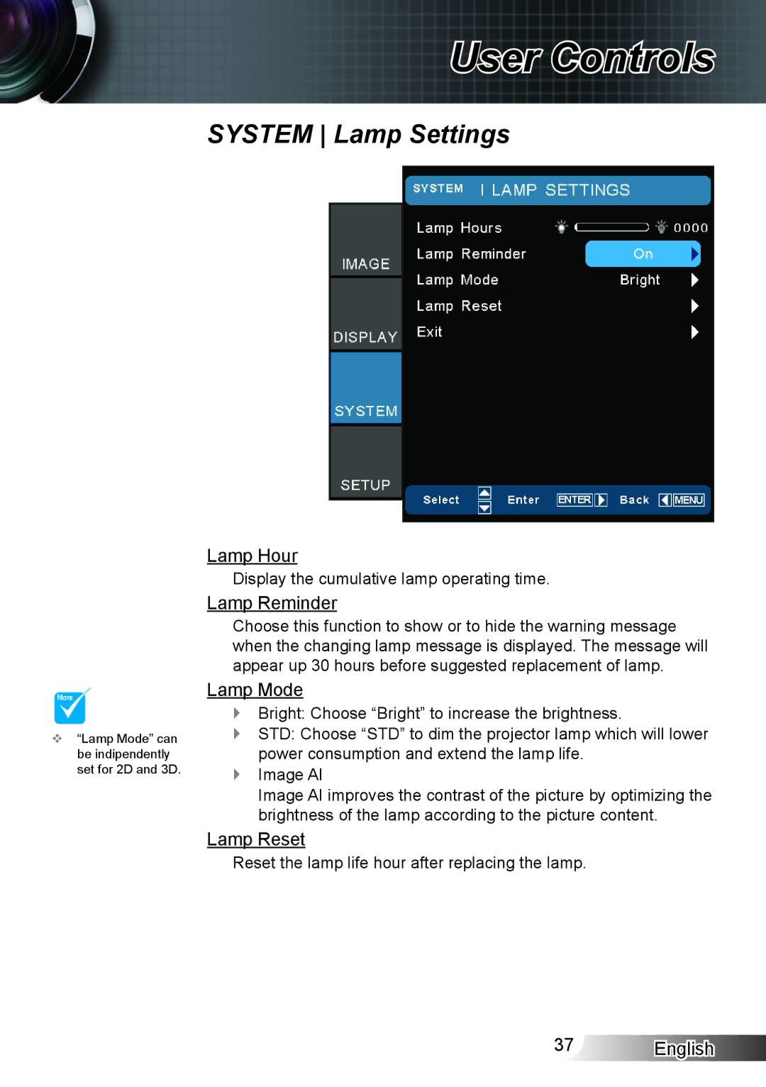 Optoma Technology HD33 manual Lamp Hour, Lamp Reminder, Lamp Reset 