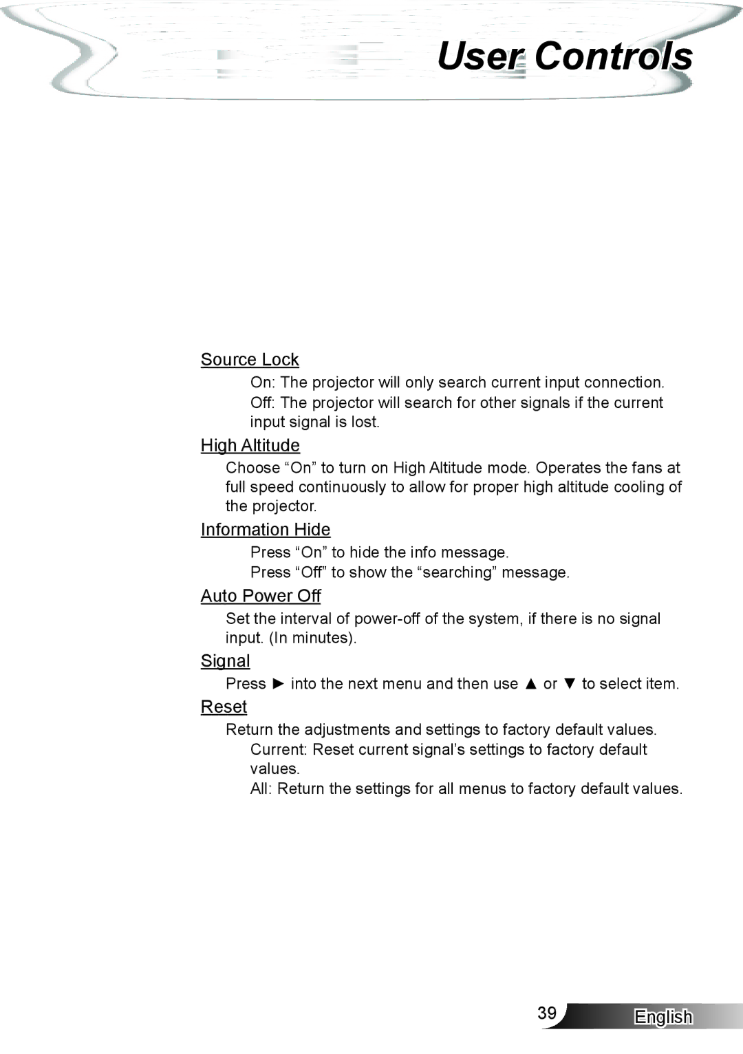 Optoma Technology HD33 manual Source Lock, High Altitude, Information Hide, Auto Power Off, Signal, Reset 