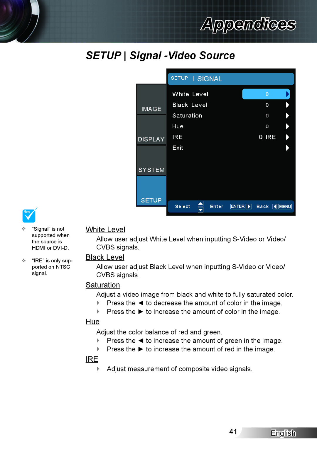 Optoma Technology HD33 manual White Level, Black Level, Saturation, Hue 