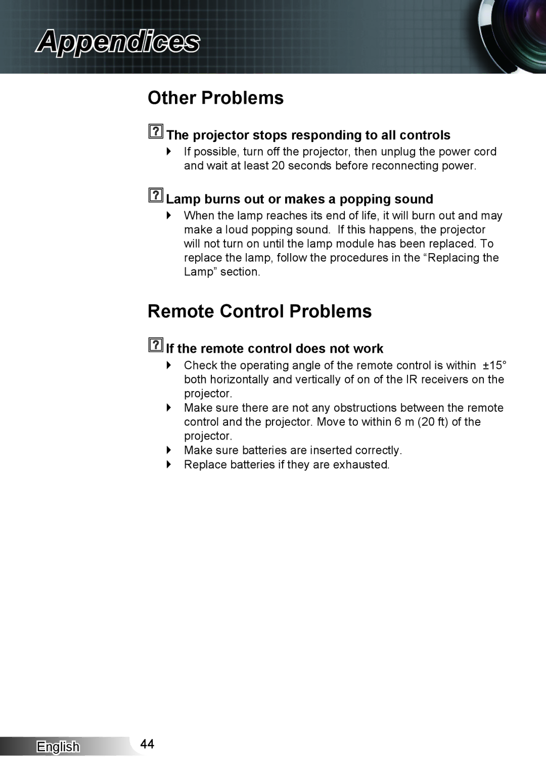 Optoma Technology HD33 manual Other Problems, Remote Control Problems, Projector stops responding to all controls 