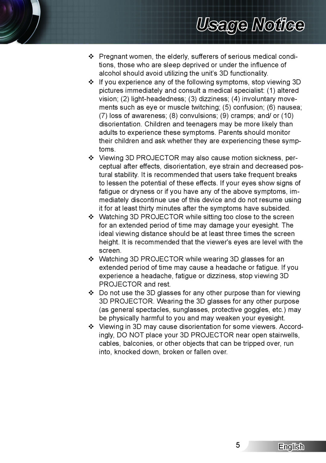 Optoma Technology HD33 manual Usage Notice 