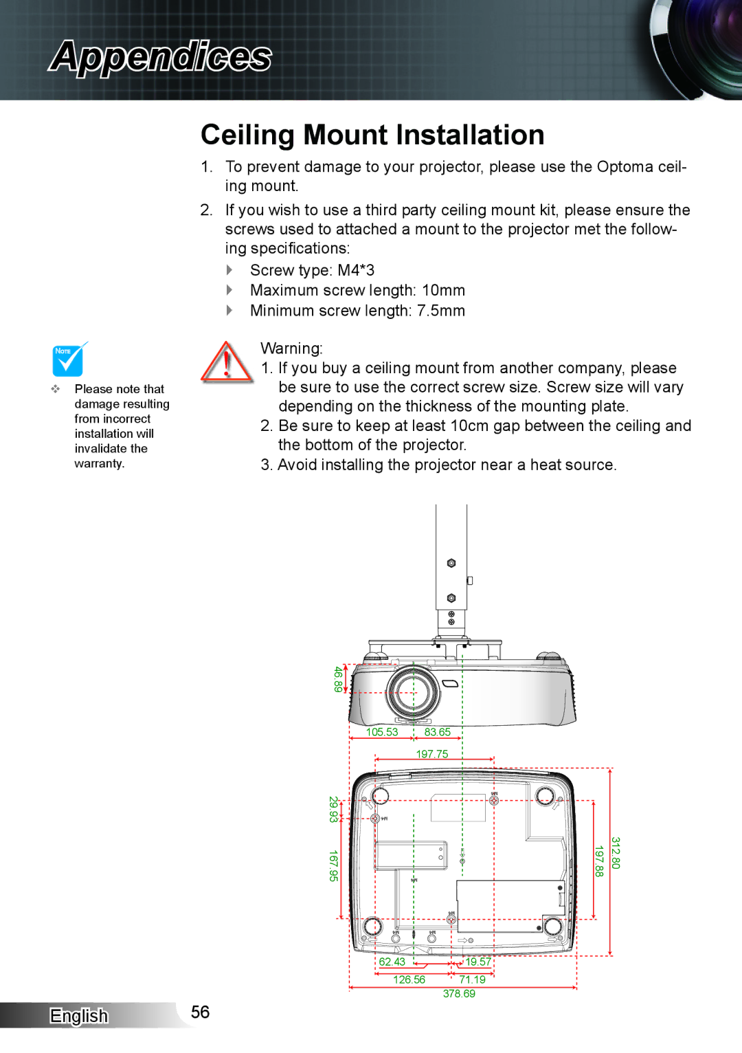 Optoma Technology HD33 manual Ceiling Mount Installation 