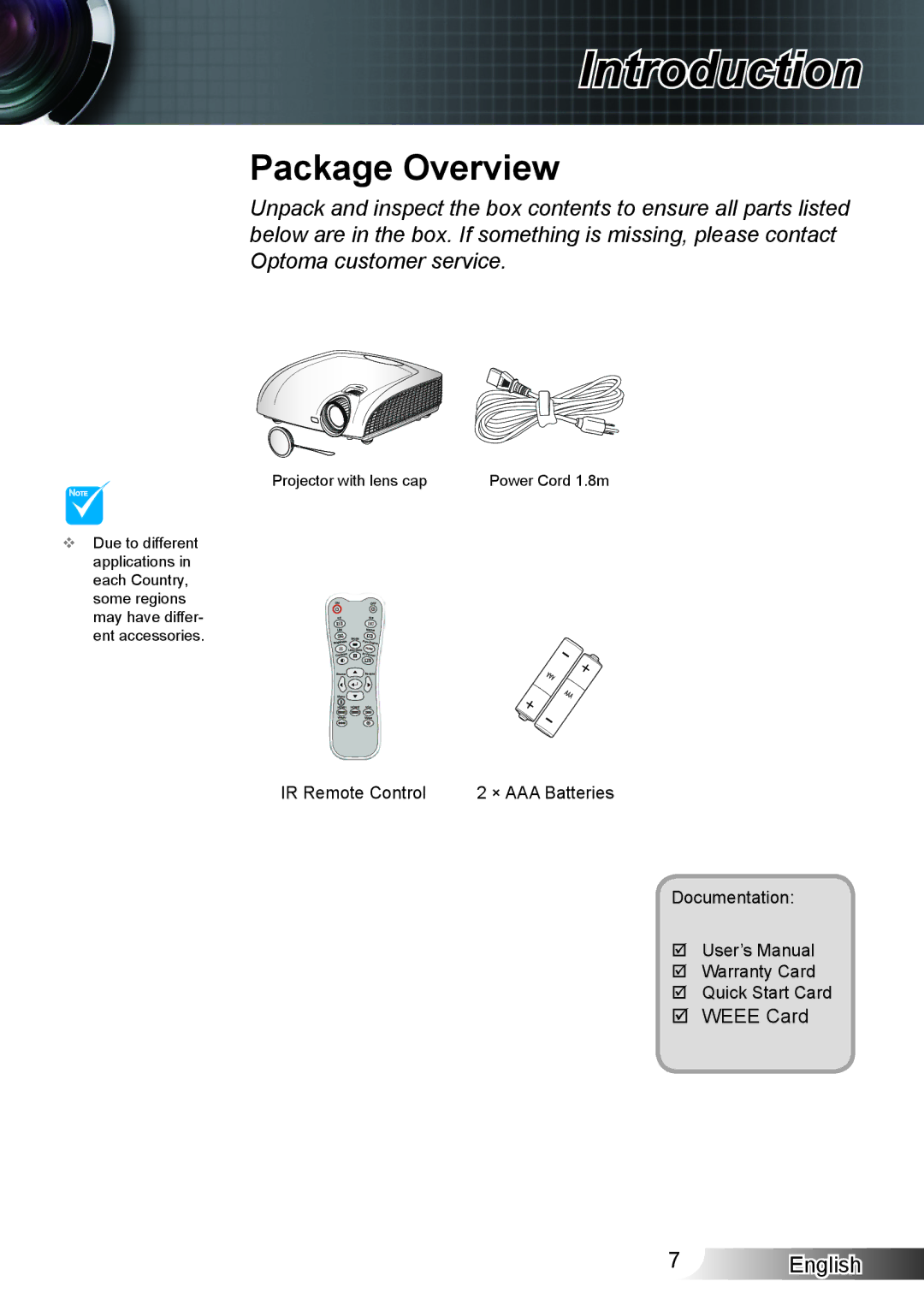 Optoma Technology HD33 manual Introduction, Package Overview 