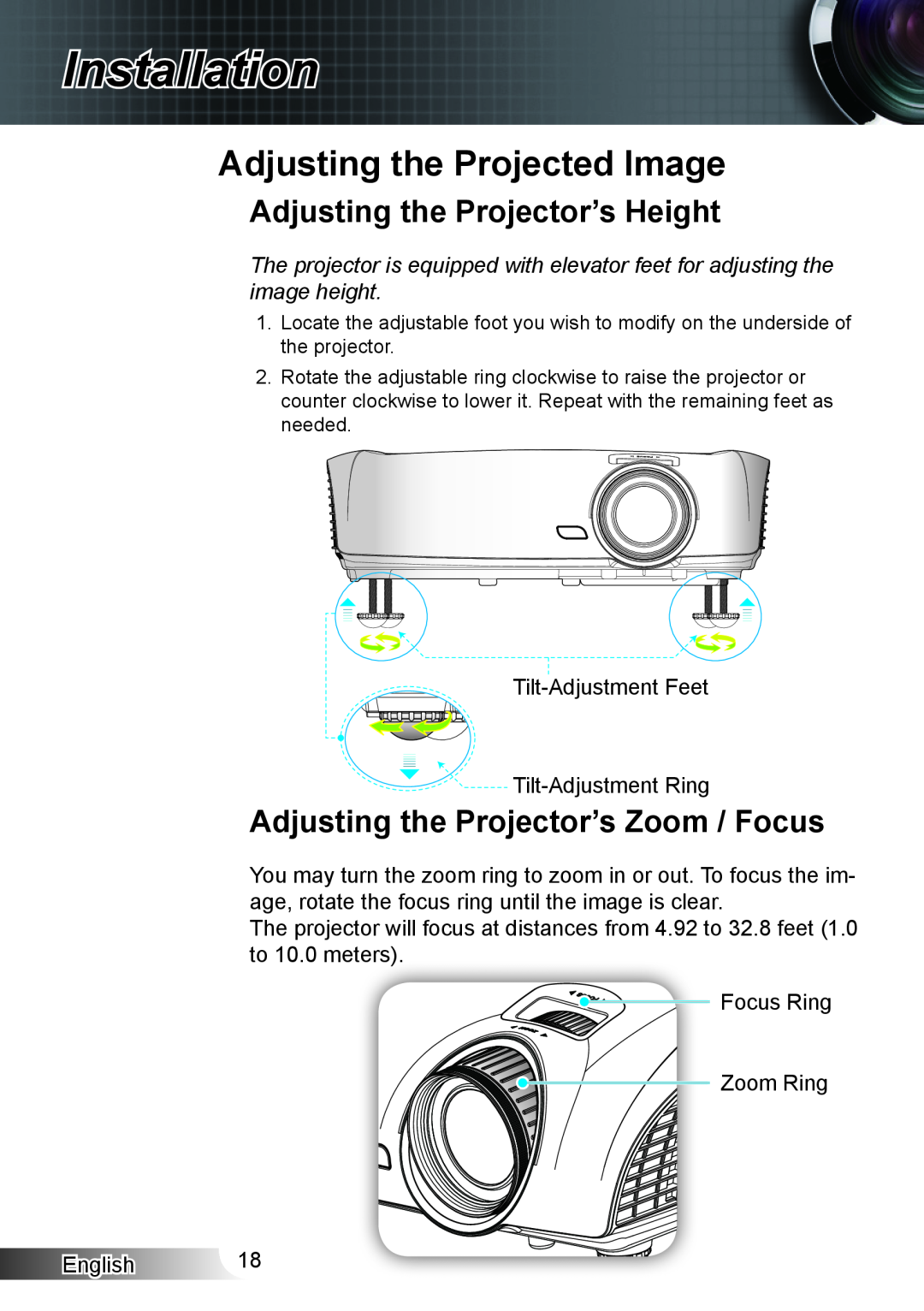 Optoma Technology HD33 manual Adjusting the Projected Image, Adjusting the Projector’s Height, Installation 