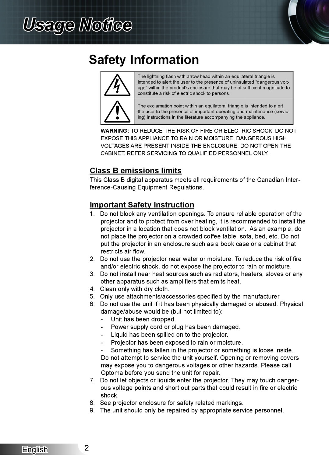 Optoma Technology HD33 manual Usage Notice, Safety Information, Class B emissions limits, Important Safety Instruction 
