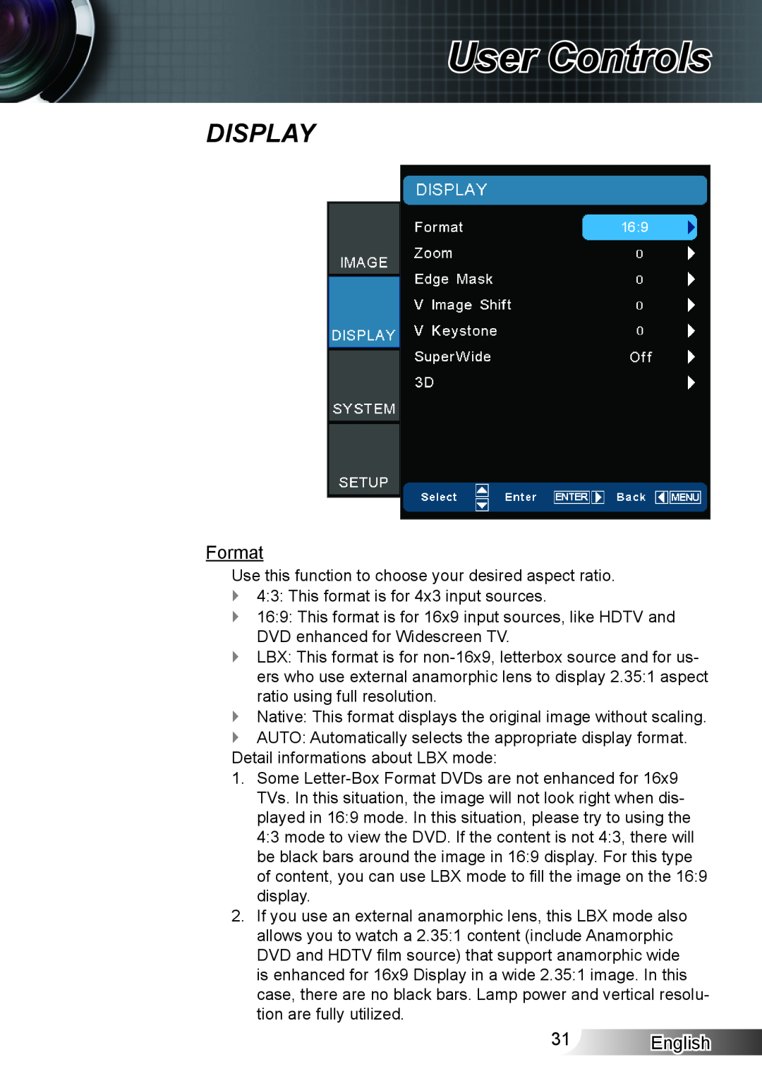 Optoma Technology HD33 manual Display, User Controls, Format, English 