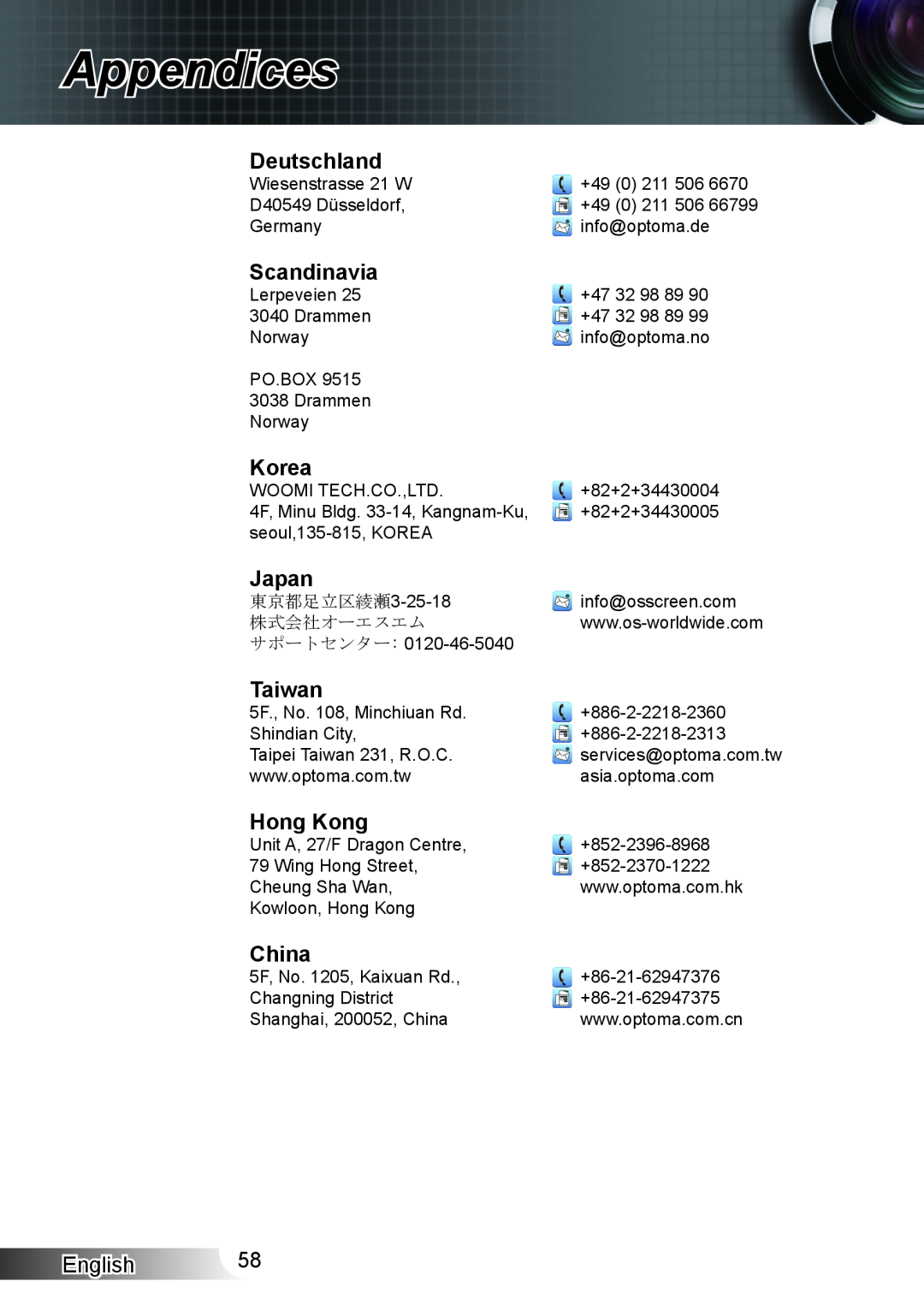 Optoma Technology HD33 manual Deutschland, Scandinavia, Korea, Japan, Taiwan, Hong Kong, China, Appendices 