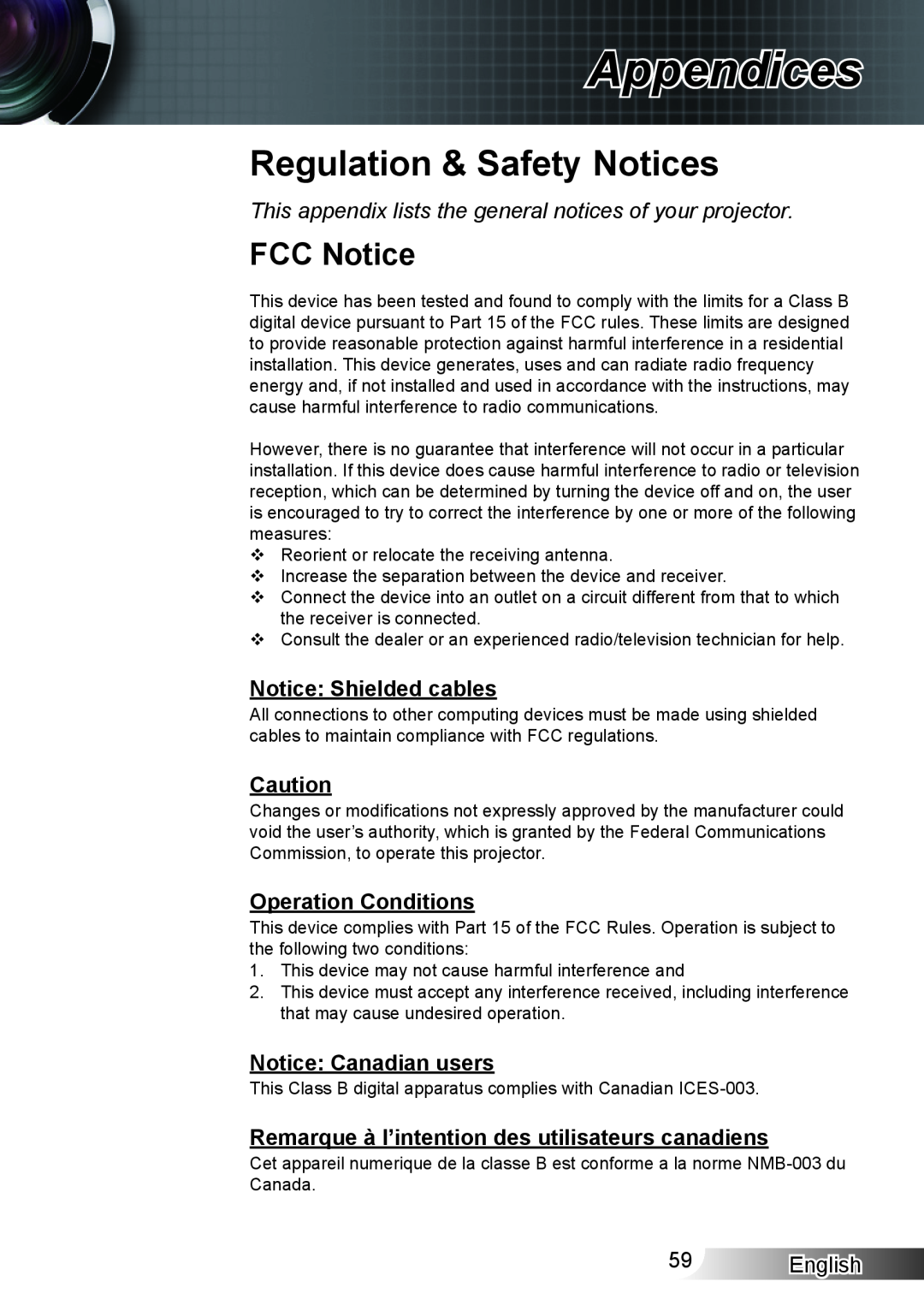 Optoma Technology HD33 Regulation & Safety Notices, FCC Notice, This appendix lists the general notices of your projector 