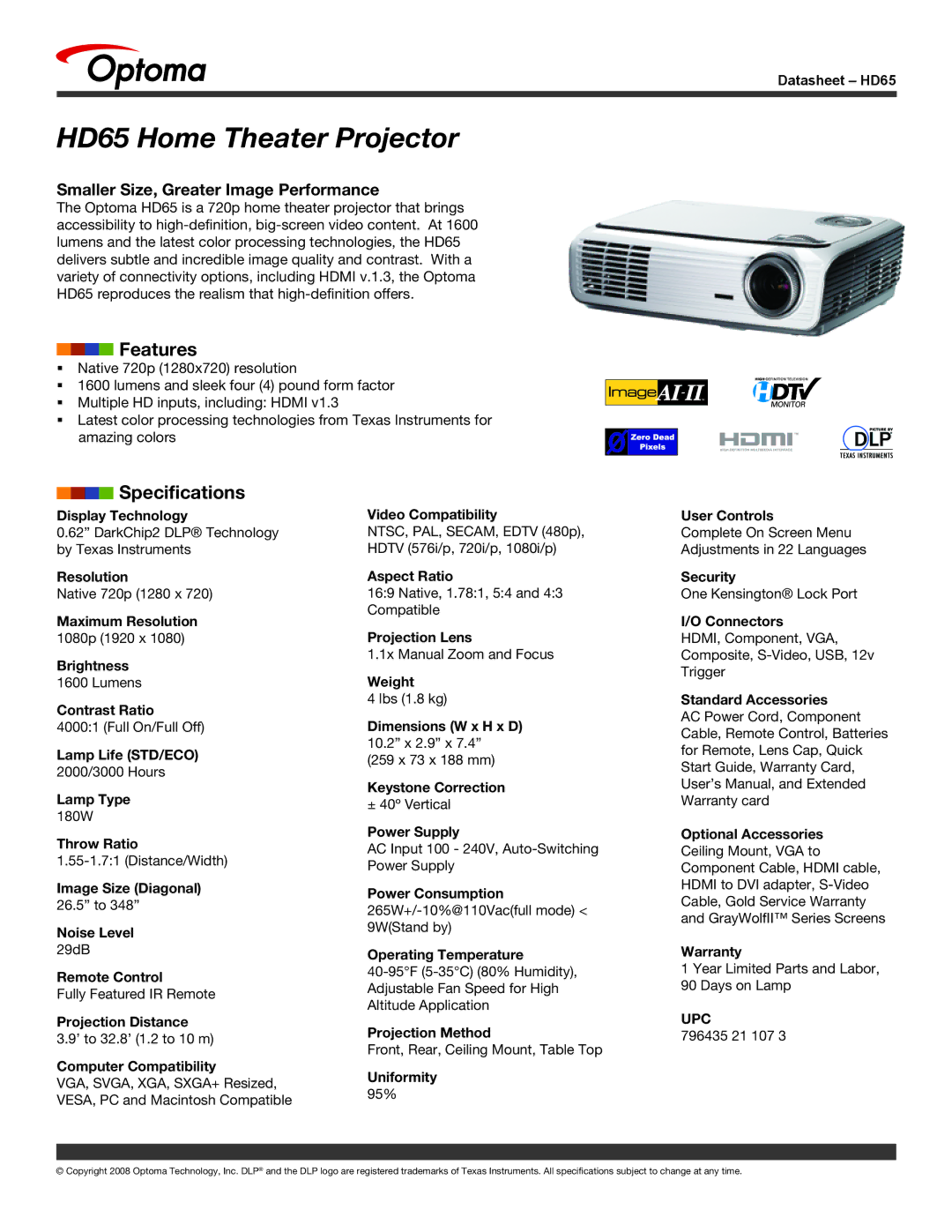 Optoma Technology specifications HD65 Home Theater Projector, Features, Specifications, Upc 