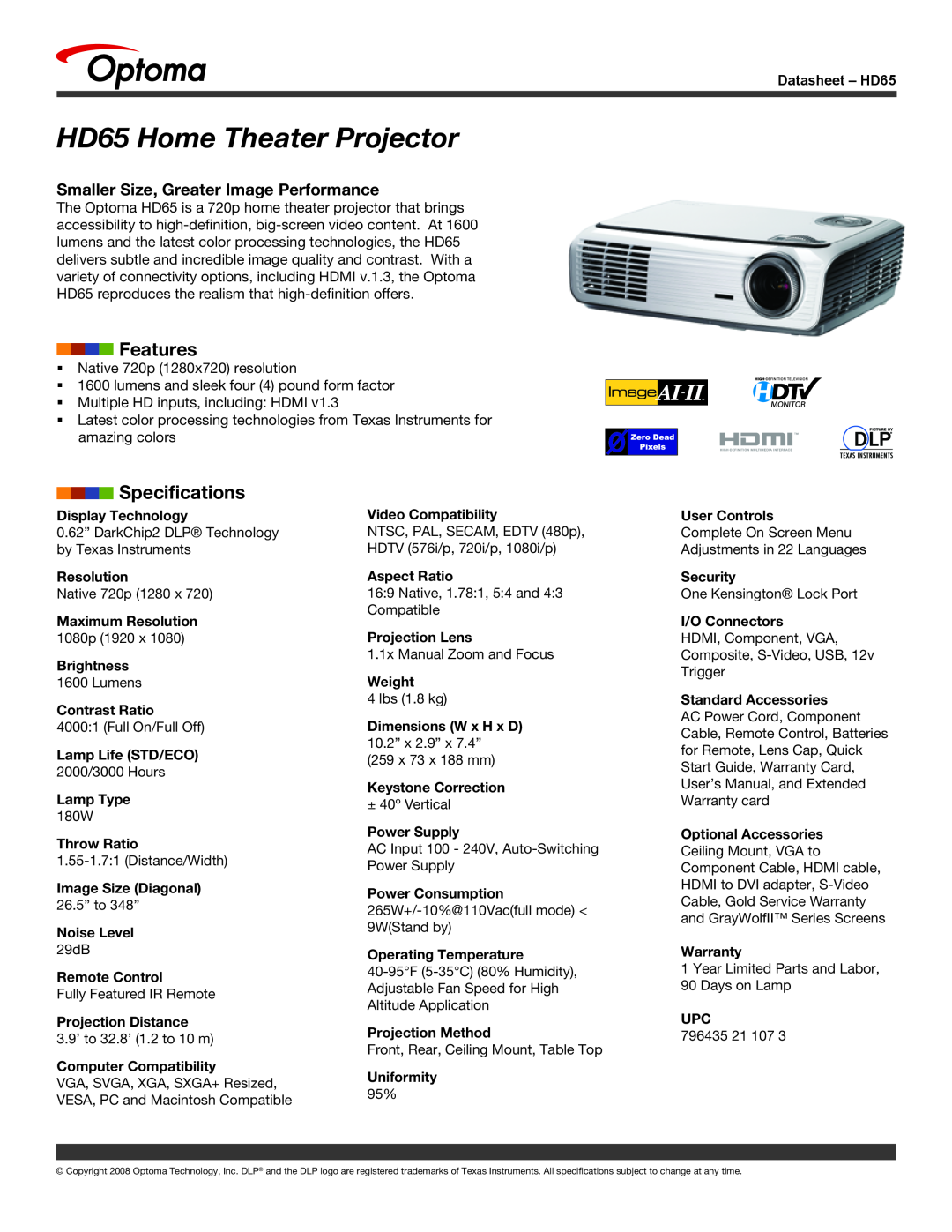 Optoma Technology specifications HD65 Home Theater Projector, Features, Specifications 