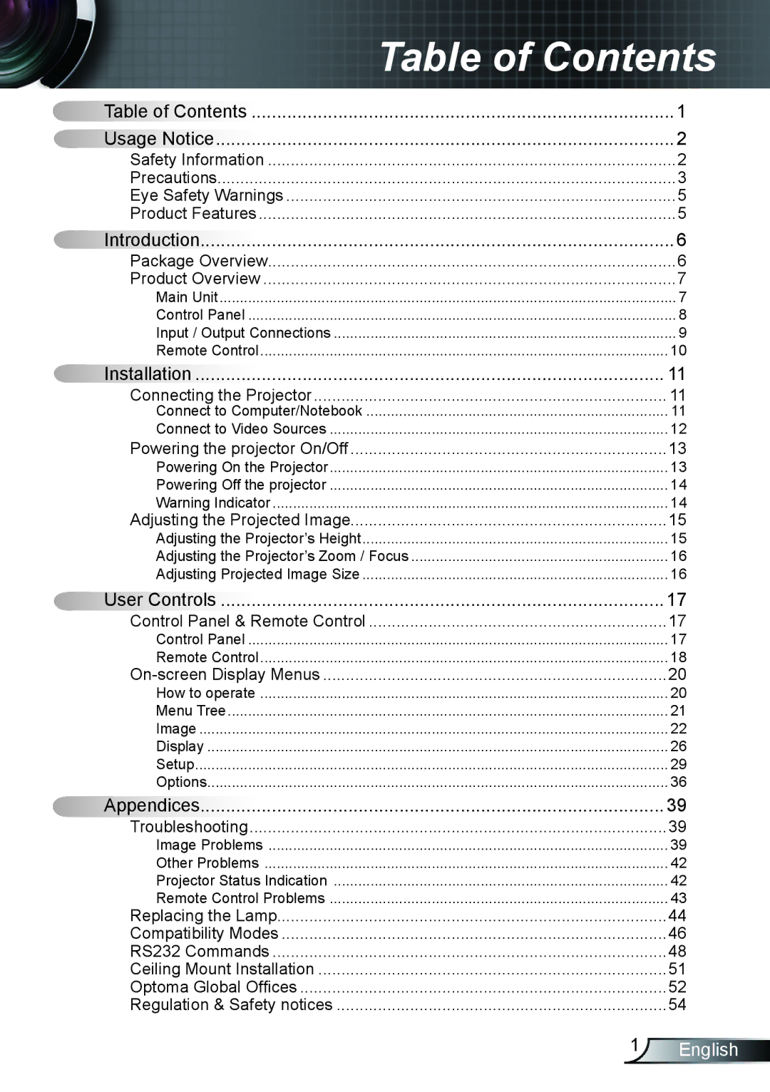 Optoma Technology HD66 manual Table of Contents 