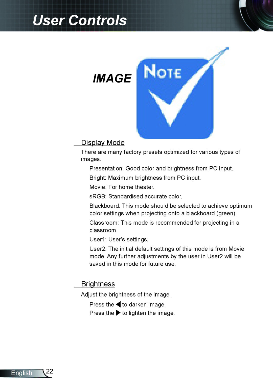 Optoma Technology HD66 manual Display Mode, Brightness 