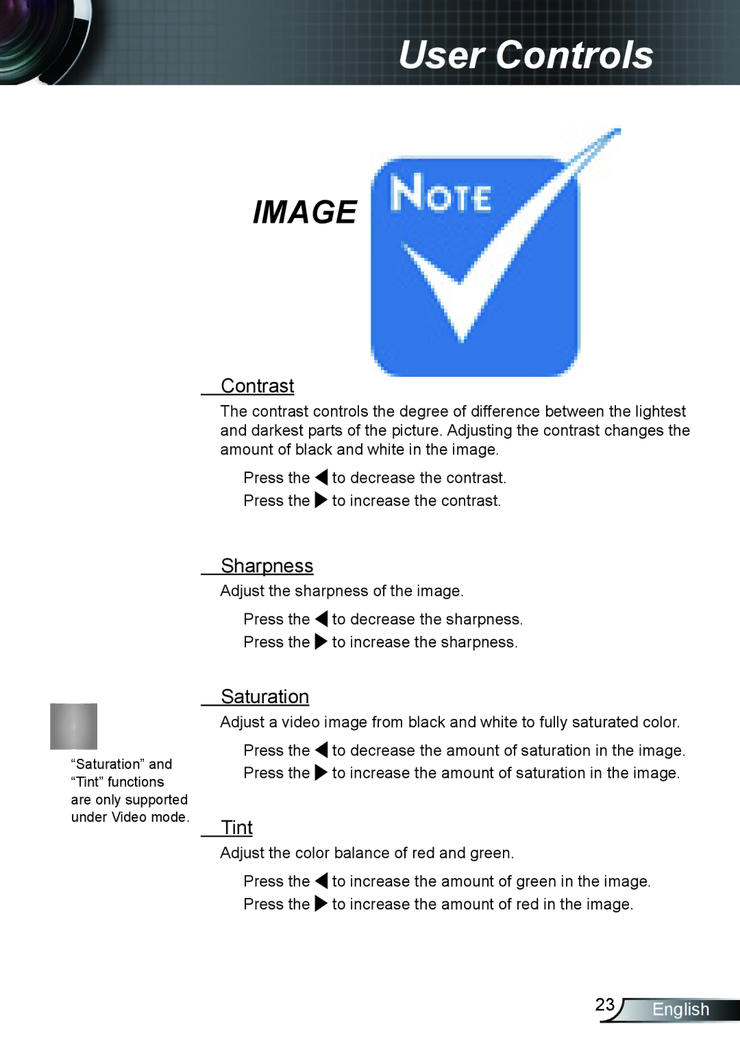 Optoma Technology HD66 manual Contrast, Sharpness, Saturation, Tint 