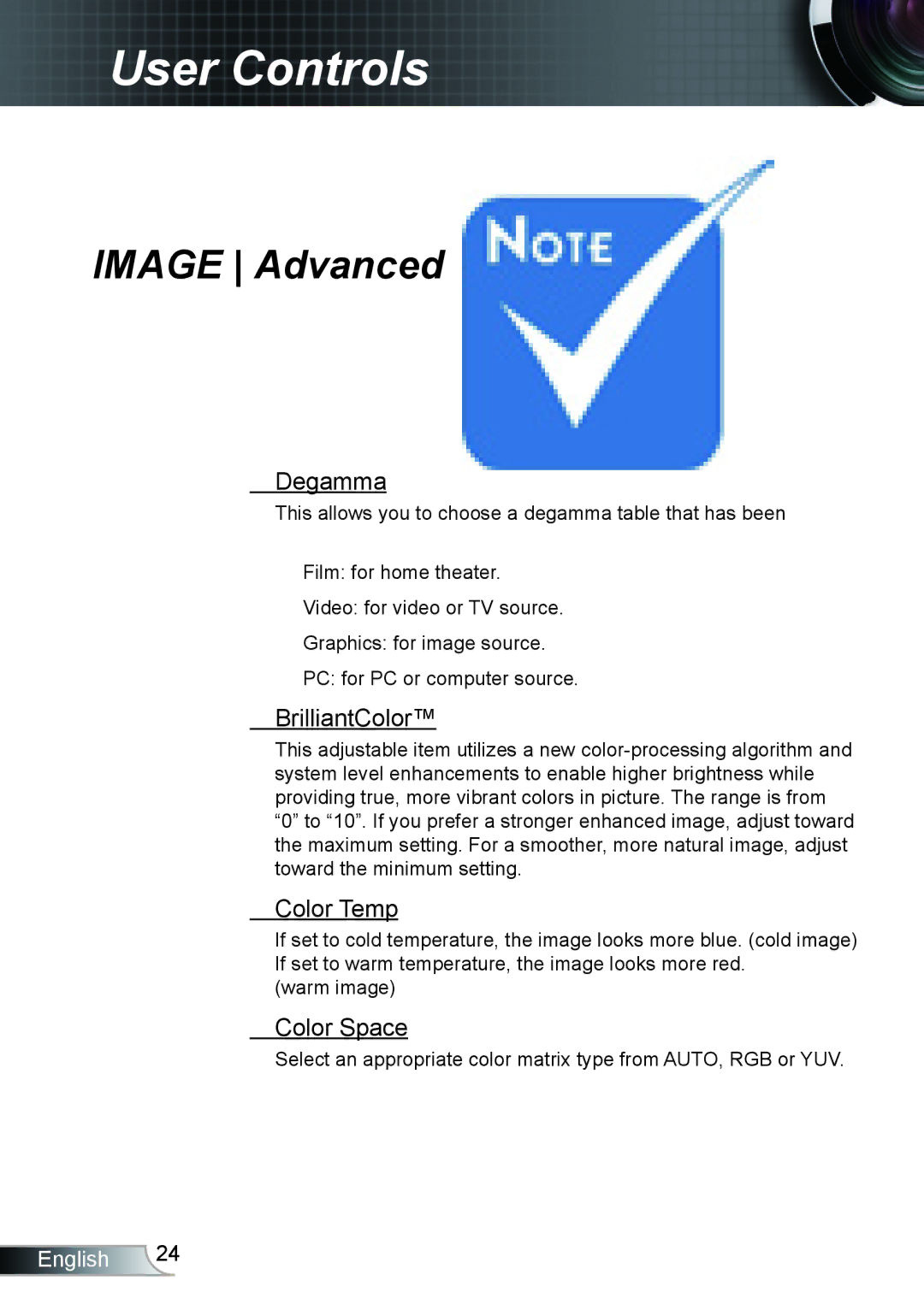 Optoma Technology HD66 manual Image Advanced, Degamma, BrilliantColor, Color Temp, Color Space 