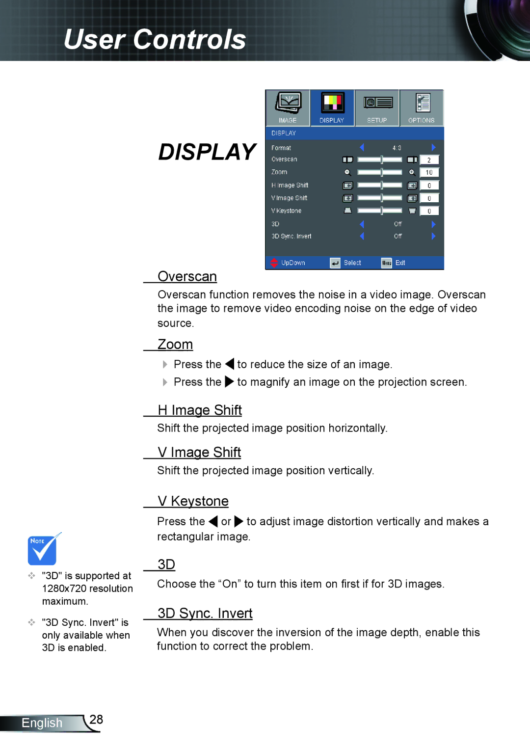 Optoma Technology HD66 manual Overscan, Zoom, Image Shift, Keystone, 3D Sync. Invert 