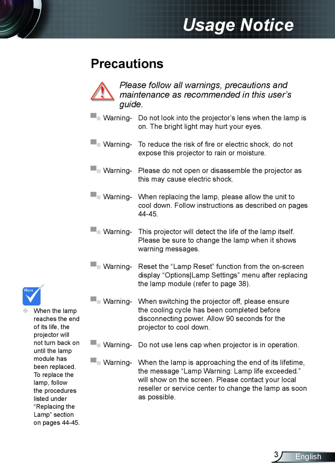 Optoma Technology HD66 manual Precautions 