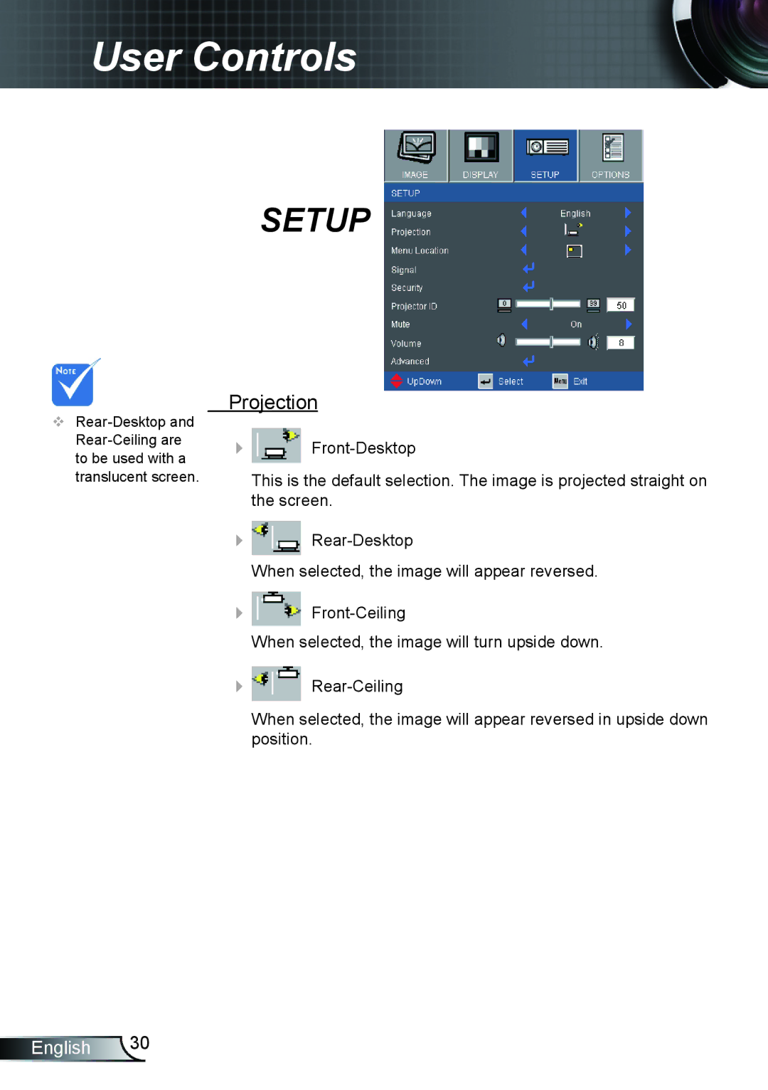 Optoma Technology HD66 manual Setup, Projection 