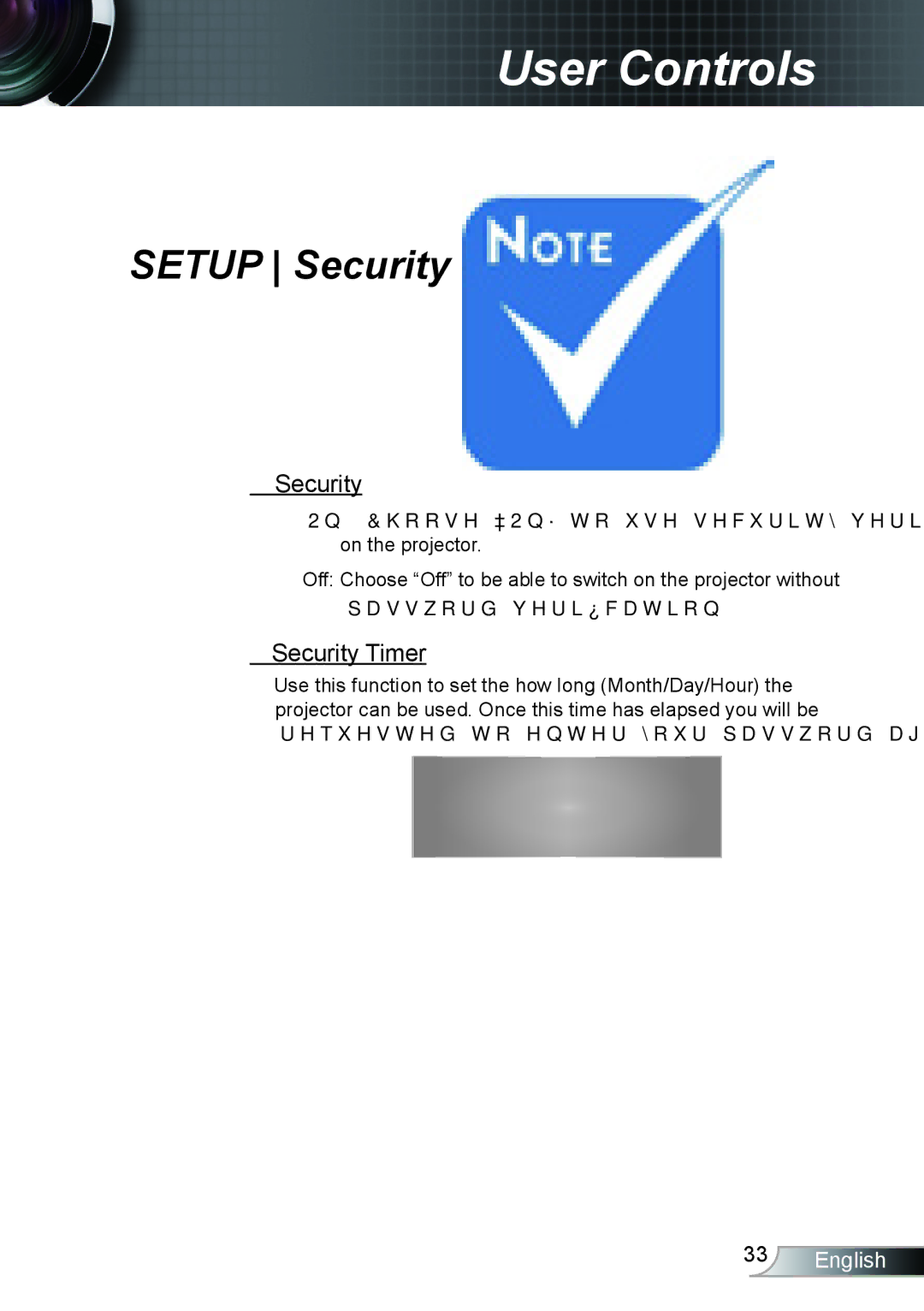 Optoma Technology HD66 manual Setup Security, Security Timer 