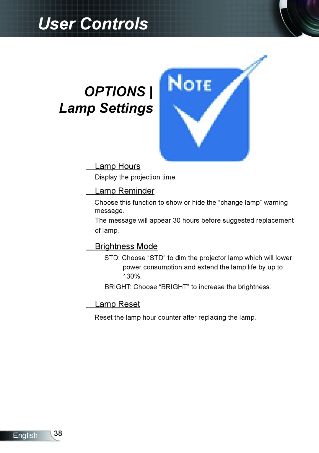 Optoma Technology HD66 manual Lamp Settings, Lamp Hours, Lamp Reminder, Brightness Mode, Lamp Reset 