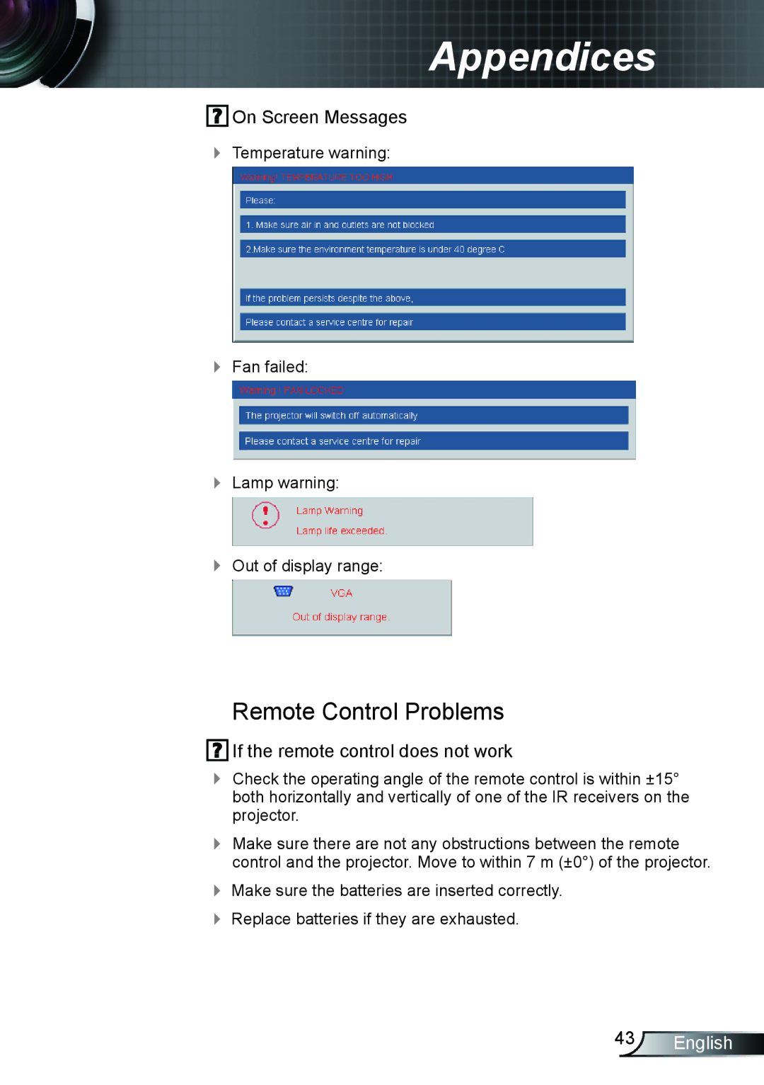 Optoma Technology HD66 manual Remote Control Problems, On Screen Messages, If the remote control does not work 