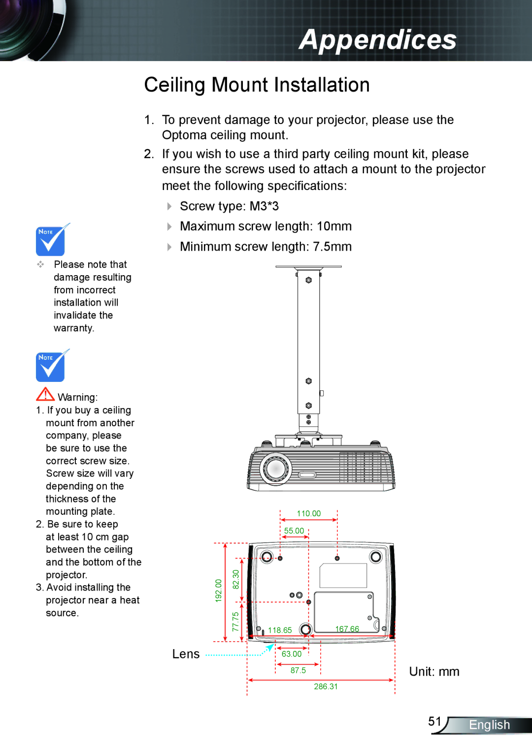 Optoma Technology HD66 manual Ceiling Mount Installation 